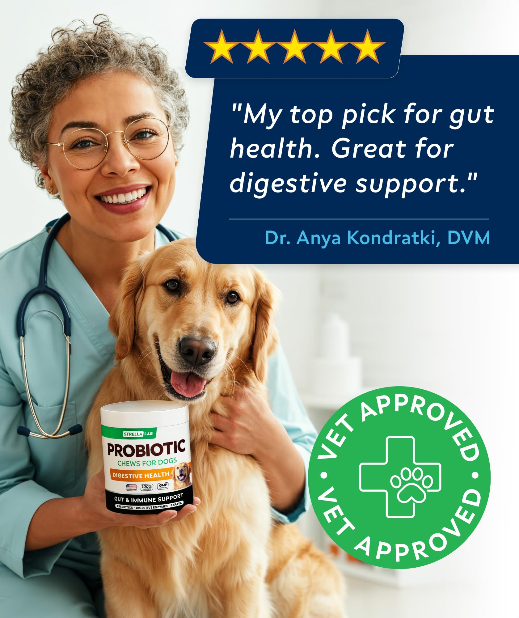 STRELLALAB Dog Probiotics Chews immunity-boost image implies overall gut health benefits.