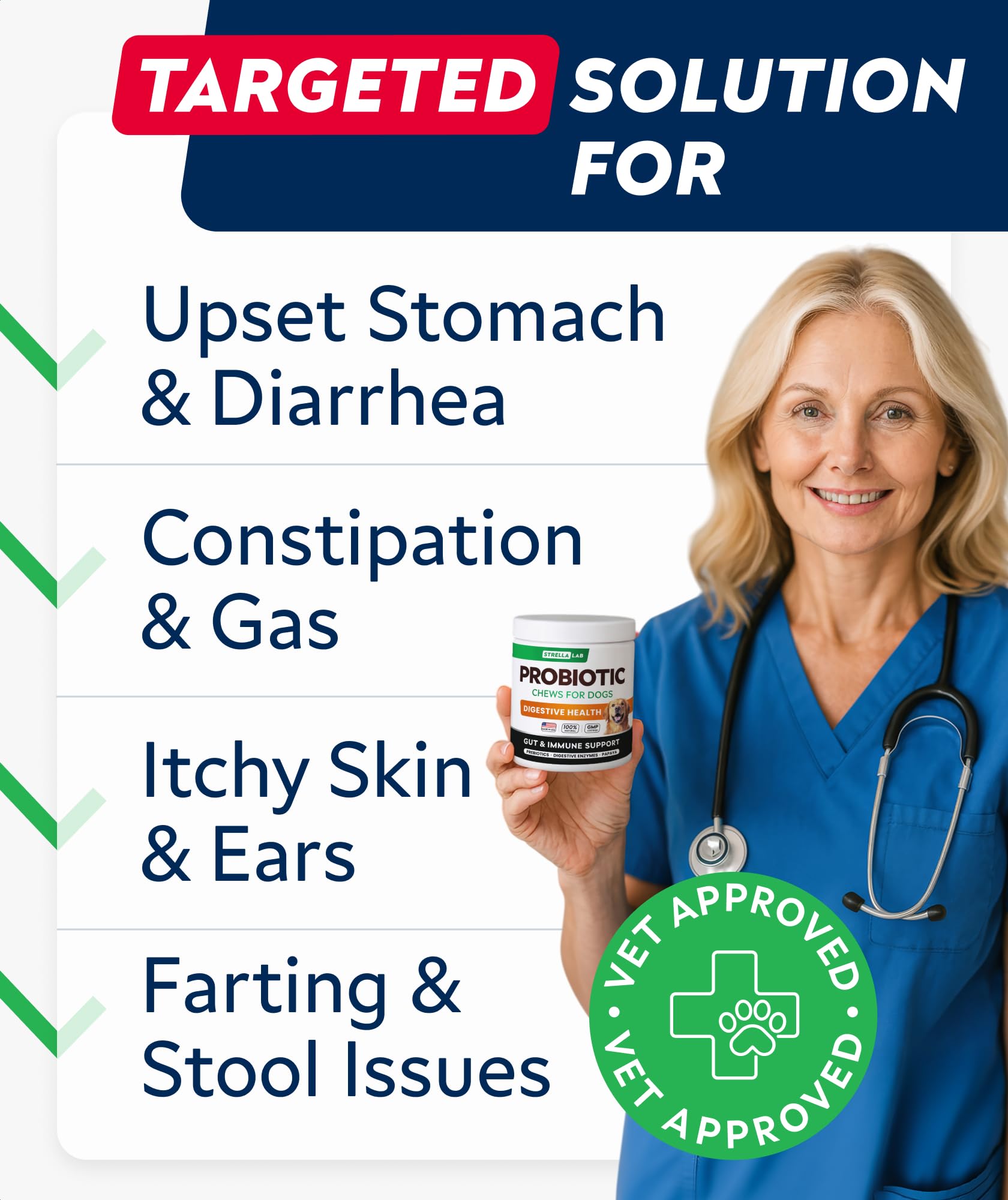 STRELLALAB Dog Probiotics Chews jar-front indicates a 180-count supply for long-term use.