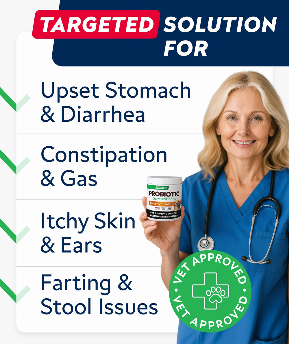 STRELLALAB Dog Probiotics Chews jar-front indicates a 180-count supply for long-term use.