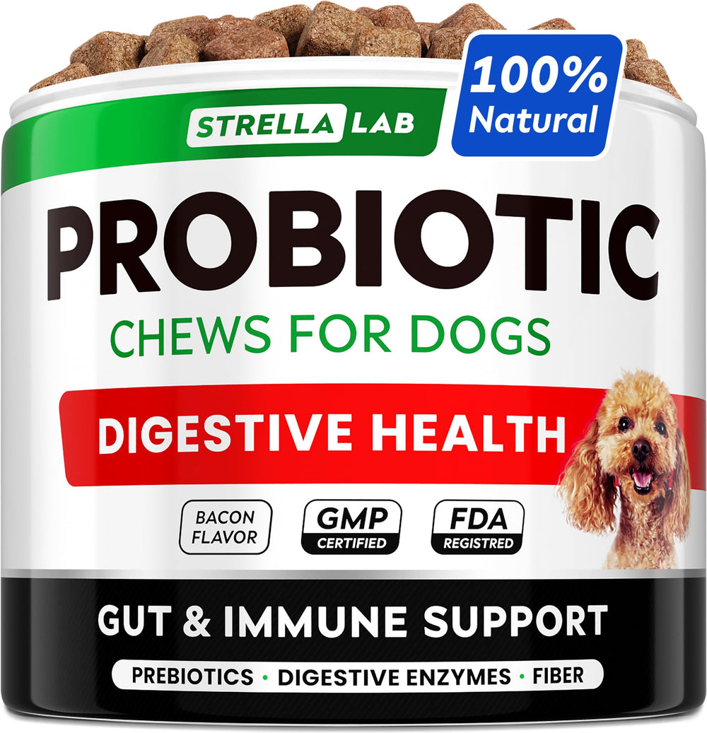 StrellaLab Dog Probiotics Treats bacon-chew boosts digestion with tasty flavor.