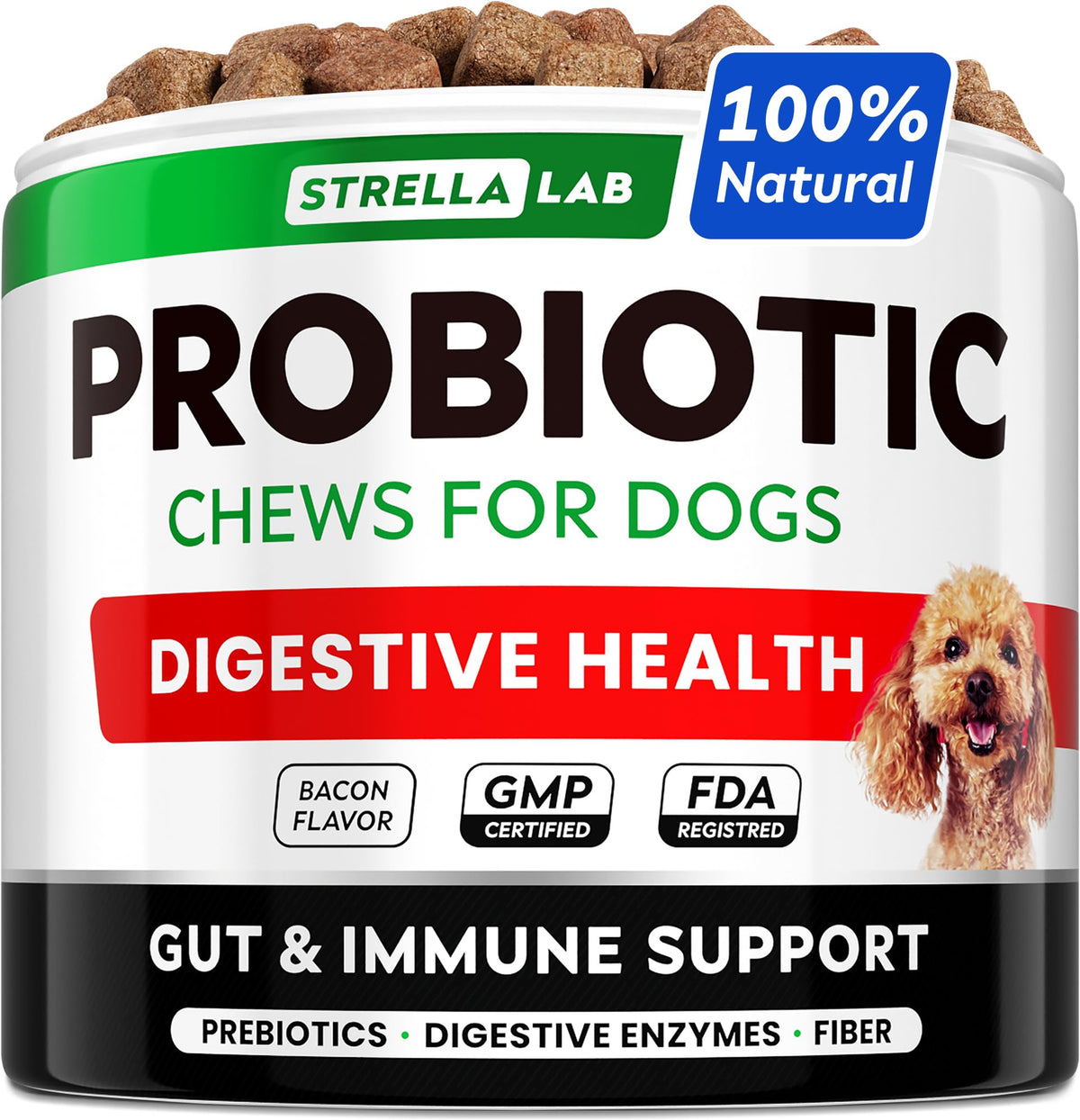 StrellaLab Dog Probiotics Treats bacon-chew boosts digestion with tasty flavor.