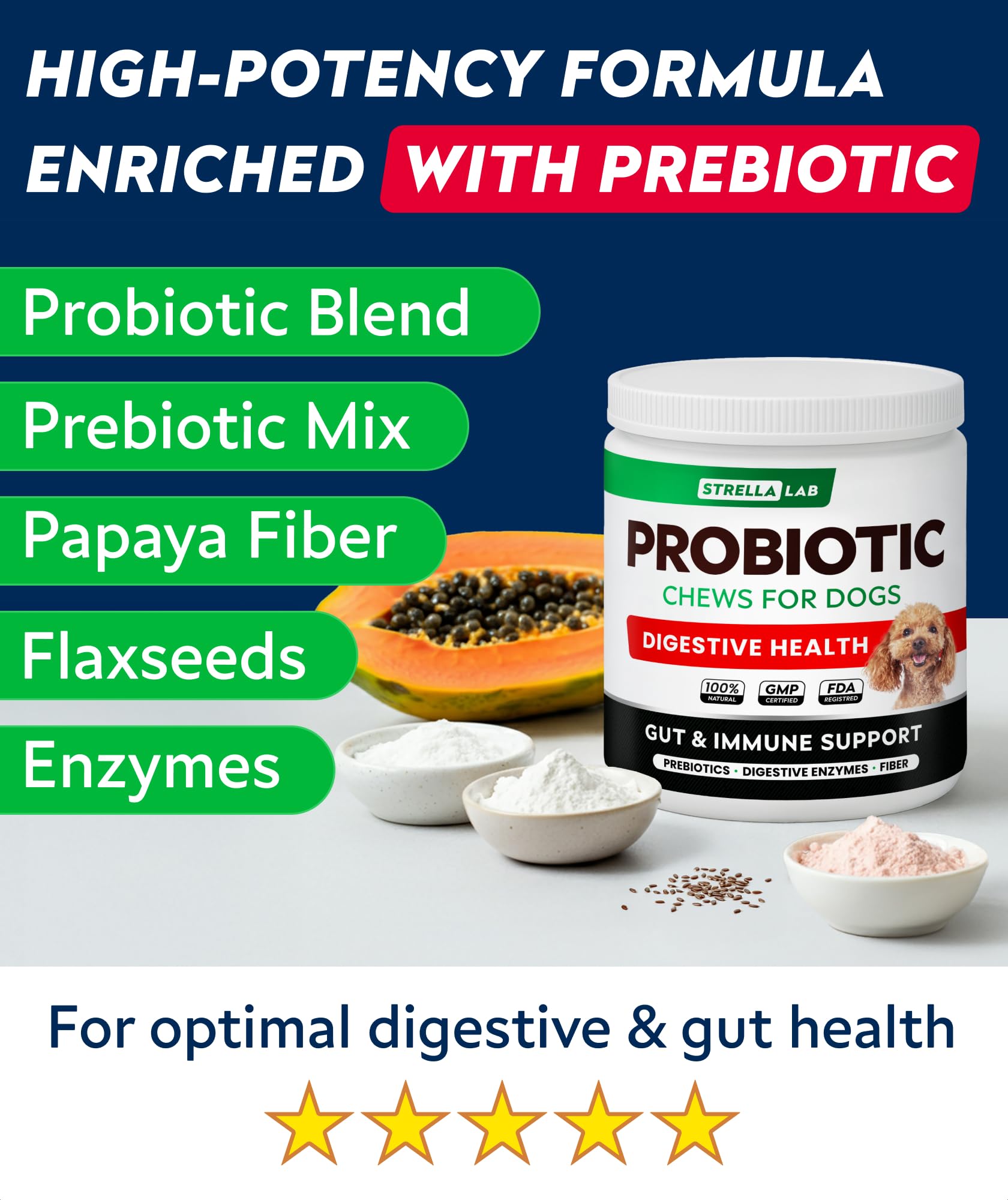 StrellaLab Dog Probiotics Treats chew-closeup highlights bacon flavor dogs love.