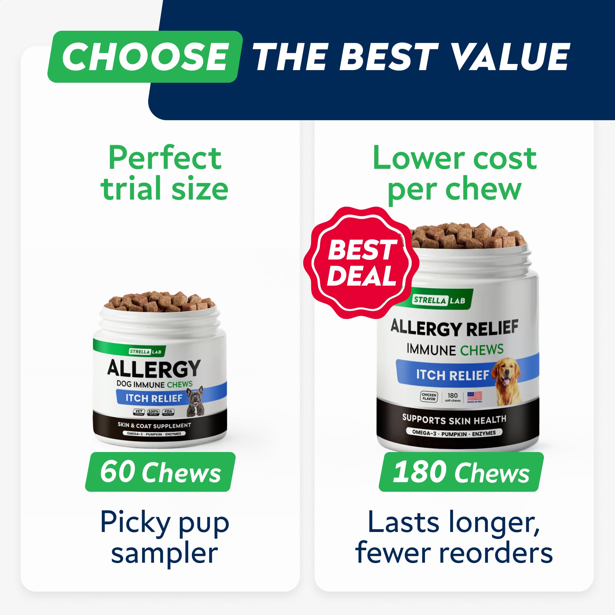 STRELLALAB dog skin-coat support chews; promotes healthy coat.