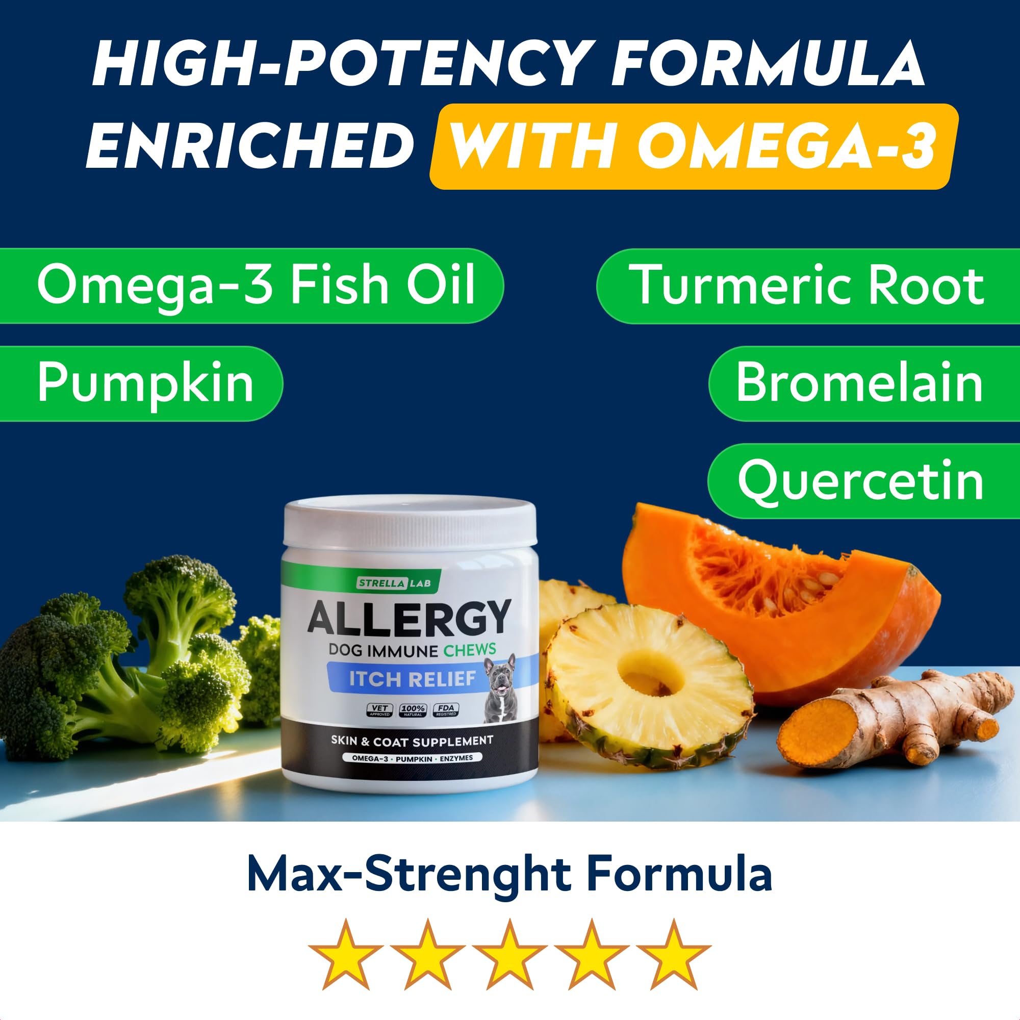 STRELLALAB fish oil pumpkin enzymes ingredients; omega-3 rich care.