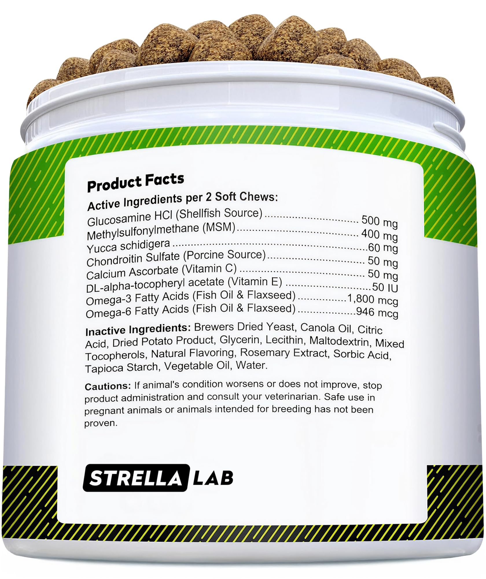 STRELLALAB glucosamine-chondroitin for dogs shown with chews promoting joint health and comfort.