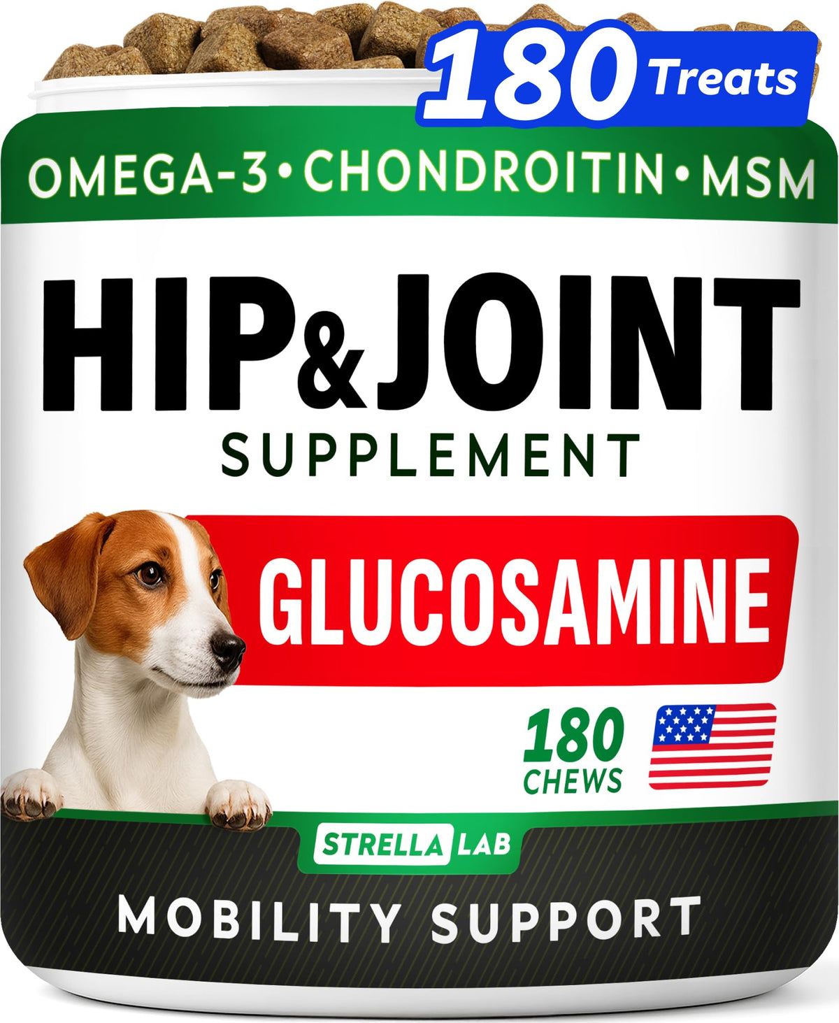 STRELLALAB Glucosamine for Dogs chews in a pack support ongoing mobility.