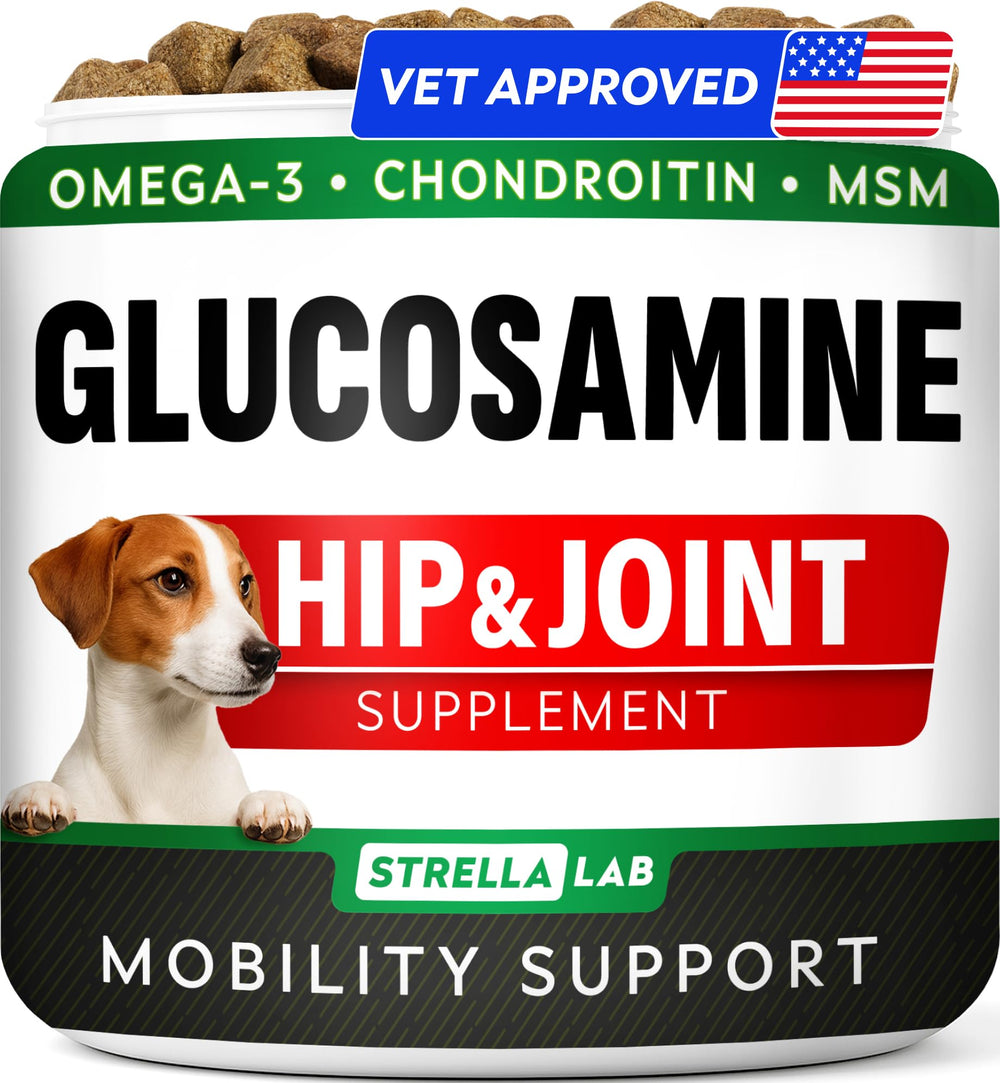 STRELLALAB Glucosamine Treats for Dogs bottle showing joint-supporting chews for mobility.