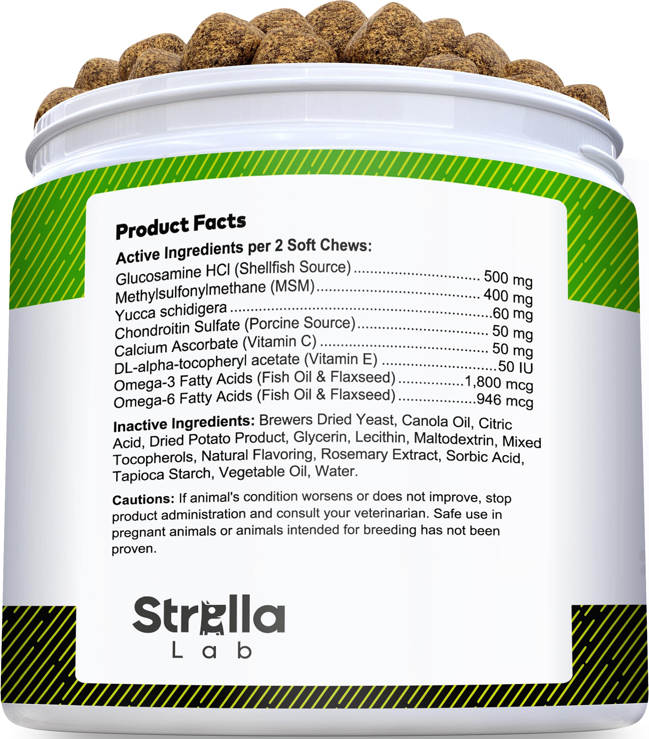 STRELLALAB Glucosamine Treats for Dogs ingredients close-up signals joint-health support options.