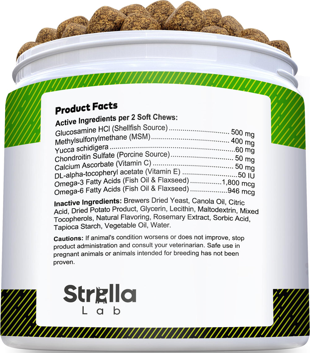 STRELLALAB Glucosamine Treats for Dogs ingredients close-up signals joint-health support options.