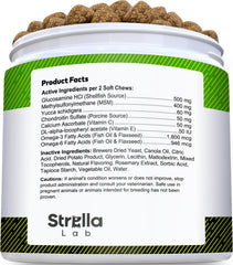 STRELLALAB Glucosamine Treats for Dogs ingredients close-up signals joint-health support options.