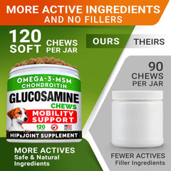 STRELLALAB Glucosamine Treats for Dogs ingredients highlight glucosamine, chondroitin, MSM and vitamins for joints.