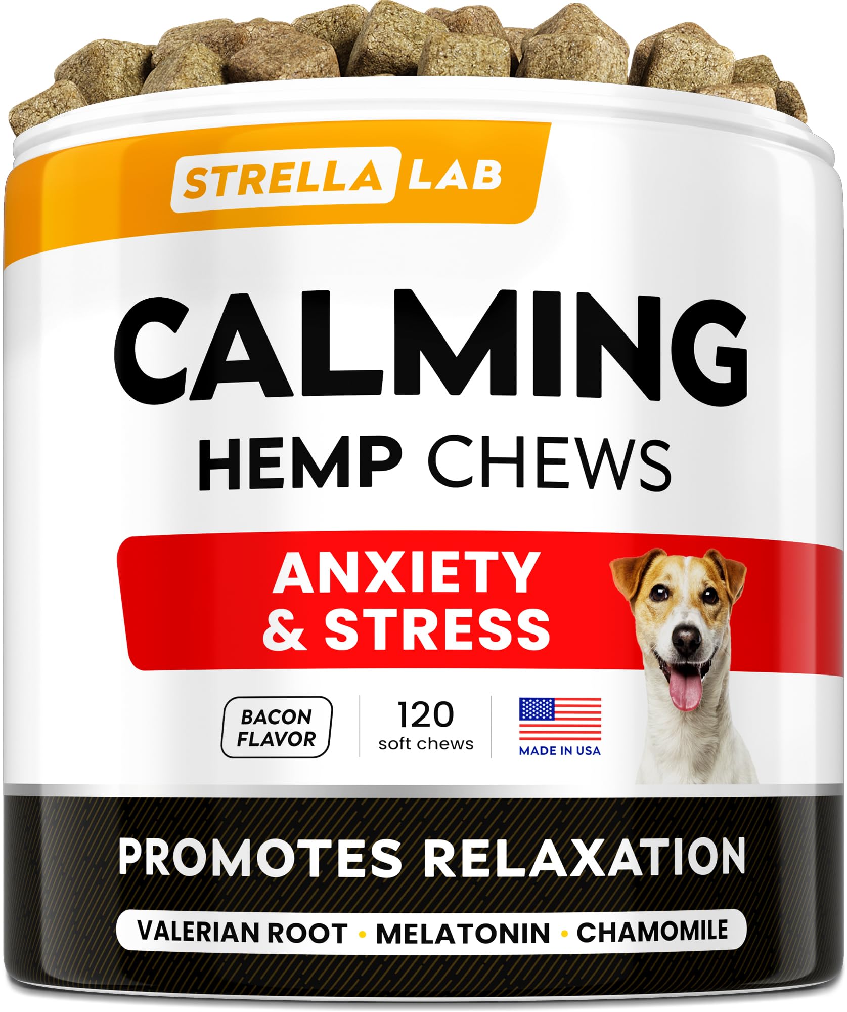 STRELLALAB hemp calming chews dog pack shot showcasing bacon flavor for calm evenings