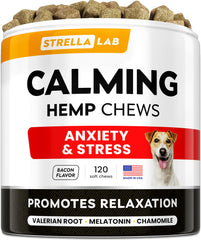 STRELLALAB hemp calming chews dog pack shot showcasing bacon flavor for calm evenings