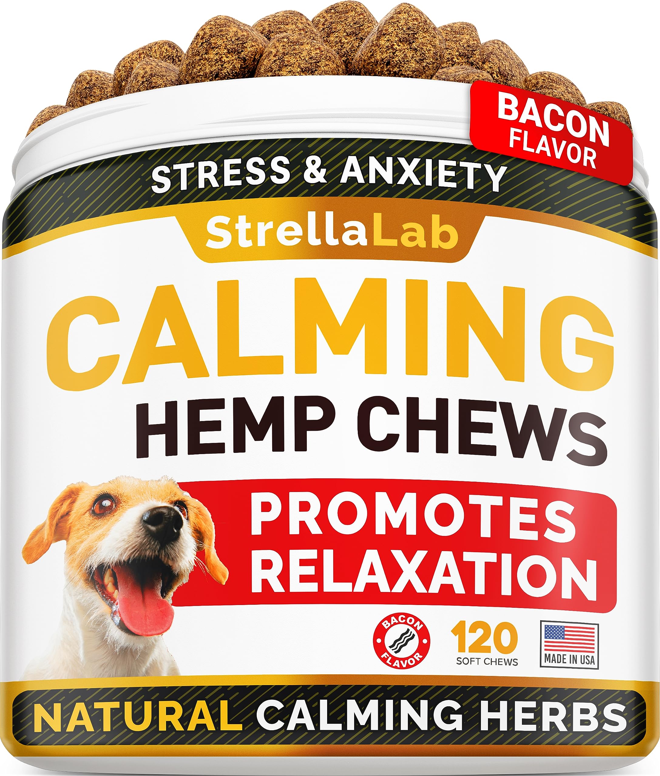 STRELLALAB hemp calming chews packaging shows USA-made quality