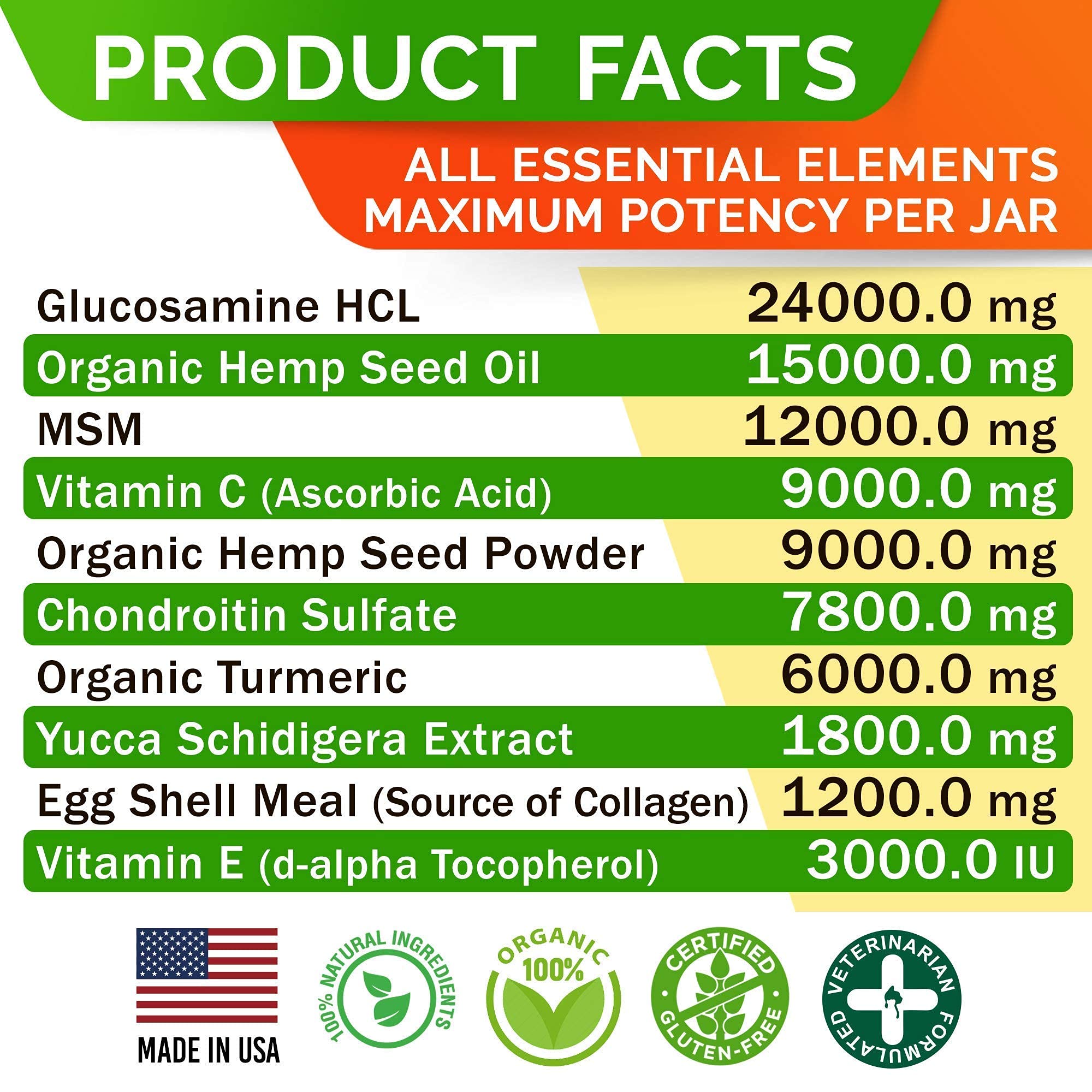 STRELLALAB hemp chews ingredients include glucosamine and chondroitin for joints.
