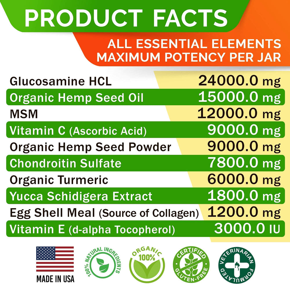 STRELLALAB hemp chews ingredients include glucosamine and chondroitin for joints.