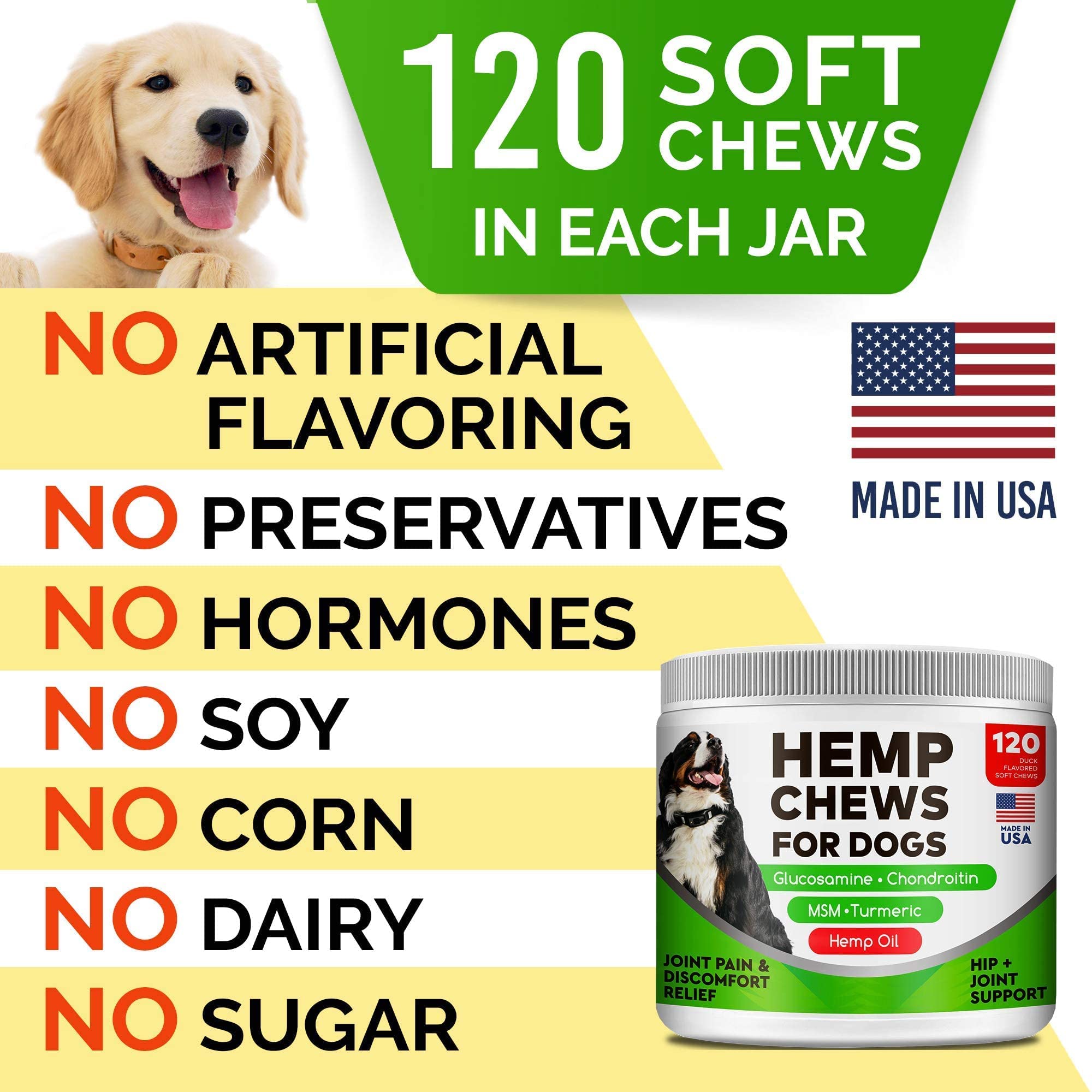 STRELLALAB hemp chews jar shows 120 chews for value.