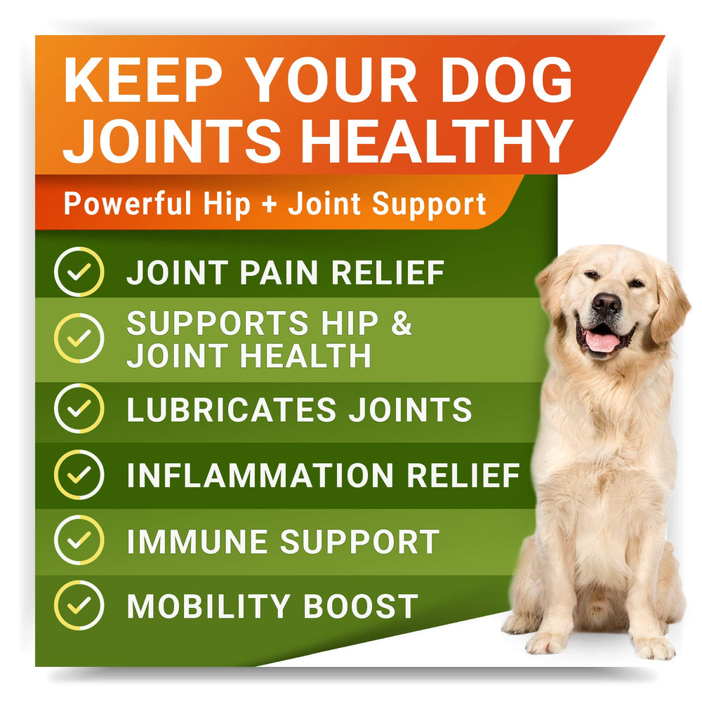 STRELLALAB hemp glucosamine dog joint supplement pack highlights omega-3 for joint support.