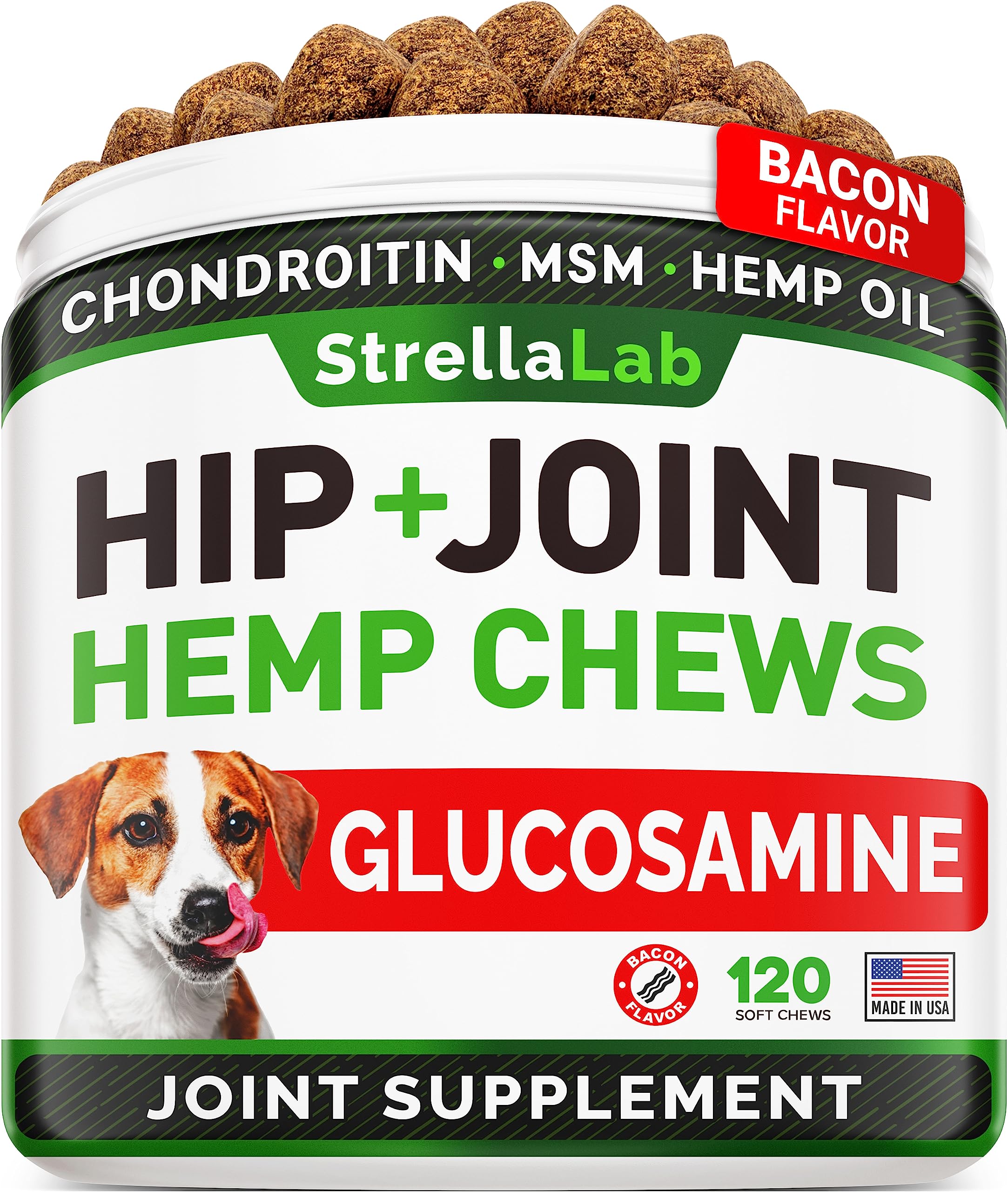 STRELLALAB hemp hip joint chews jar shown for dog joint support and mobility