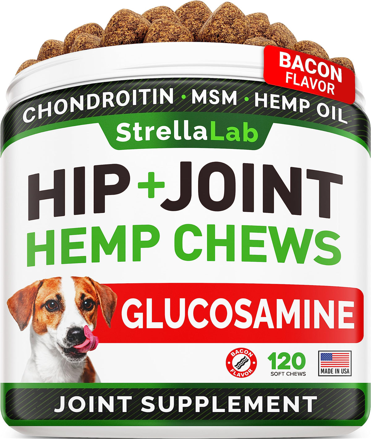 STRELLALAB hemp hip joint chews jar shown for dog joint support and mobility