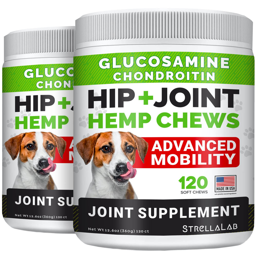 STRELLALAB large-breed hip joint chews bottle closeup promoting daily mobility.