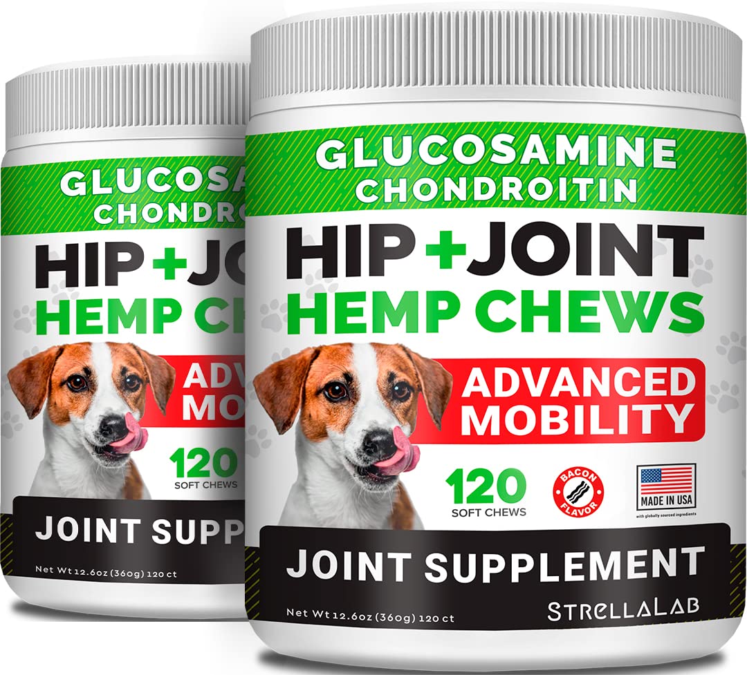 STRELLALAB large-breed hemp joint chews bottle promotes daily joint support.
