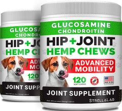 STRELLALAB large-breed hemp joint chews bottle promotes daily joint support.