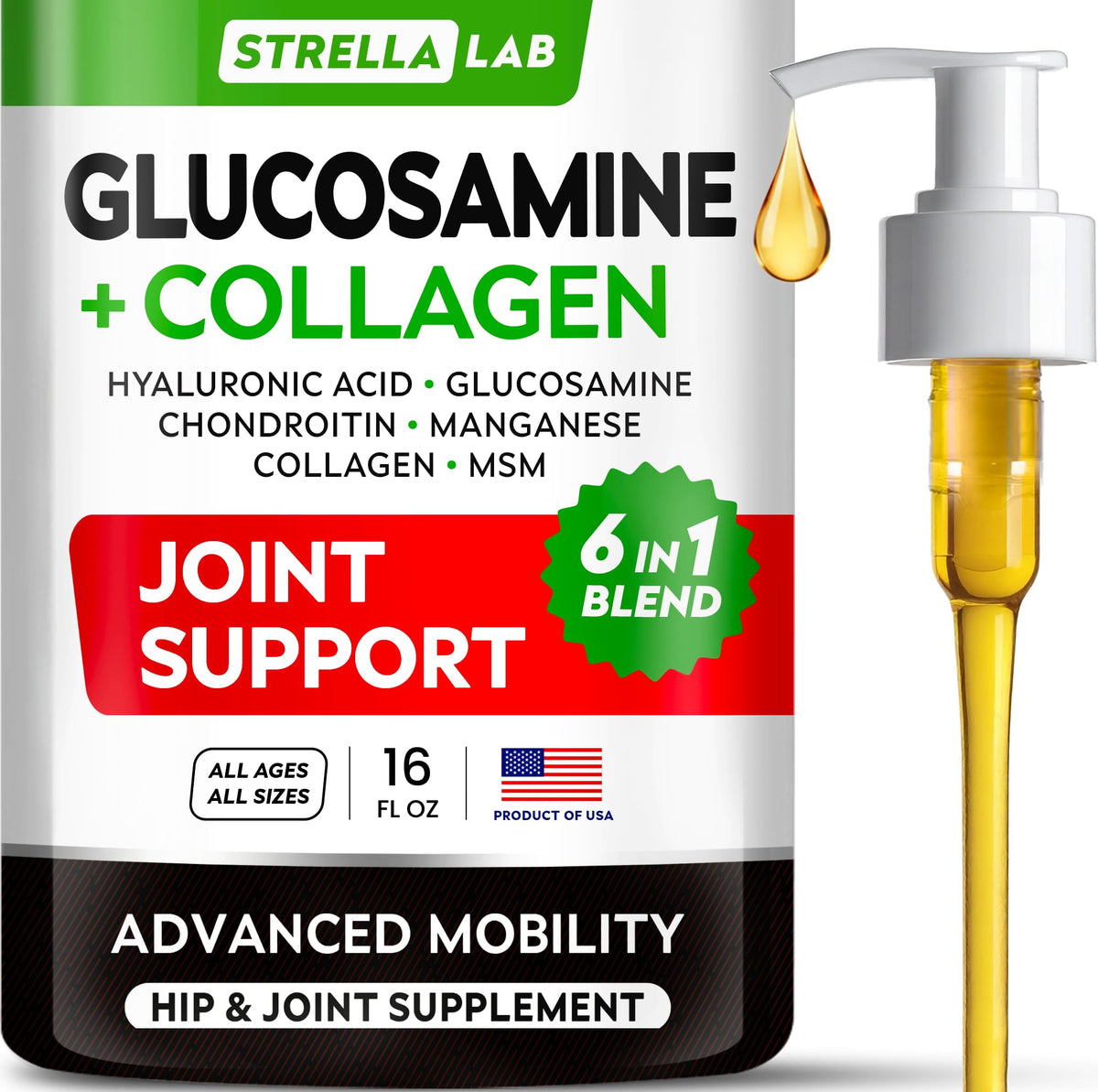 STRELLALAB Liquid Glucosamine bottle supports dog joint mobility.