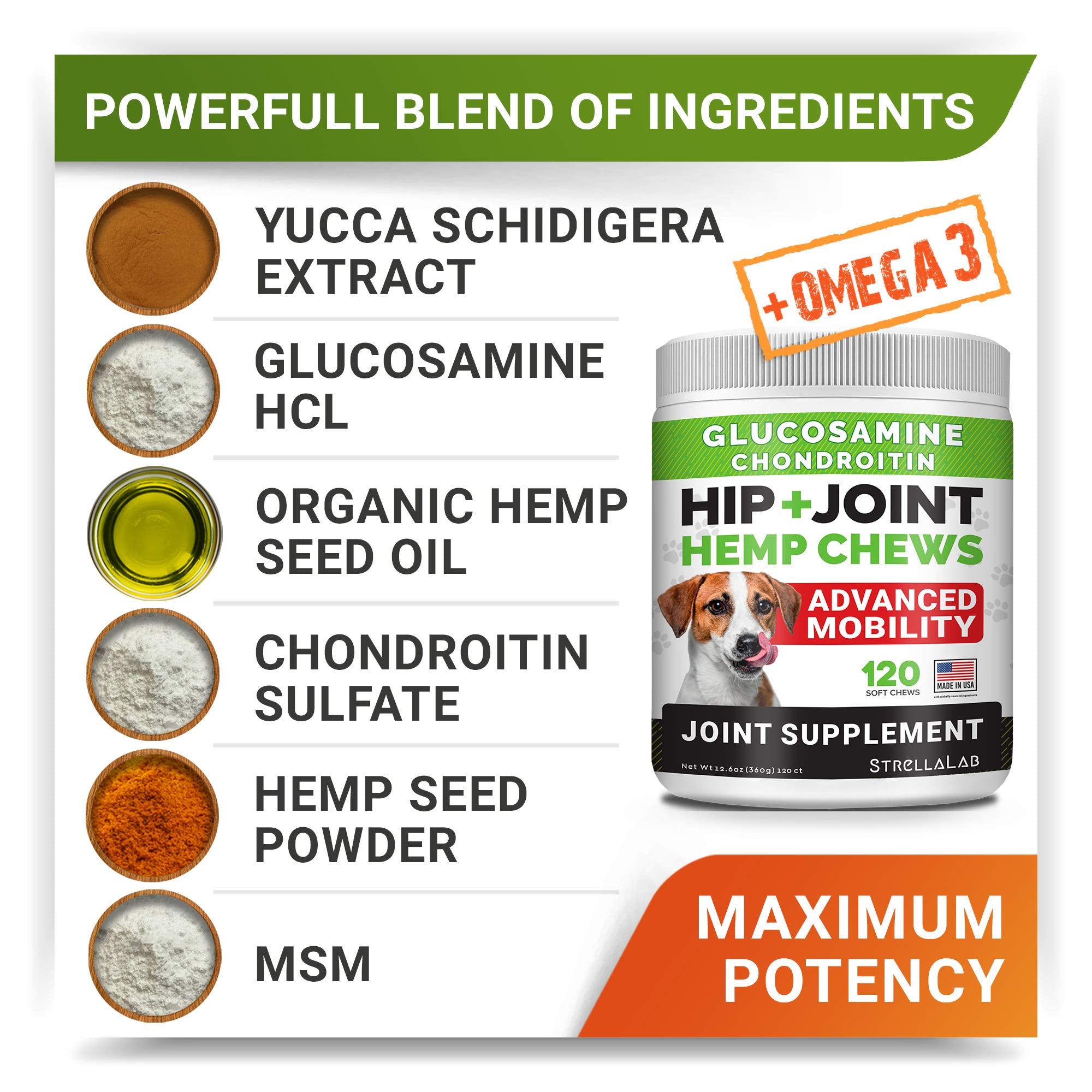 STRELLALAB omega-3 chondroitin MSM dog treats closeup emphasizing multi-nutrient joint care.