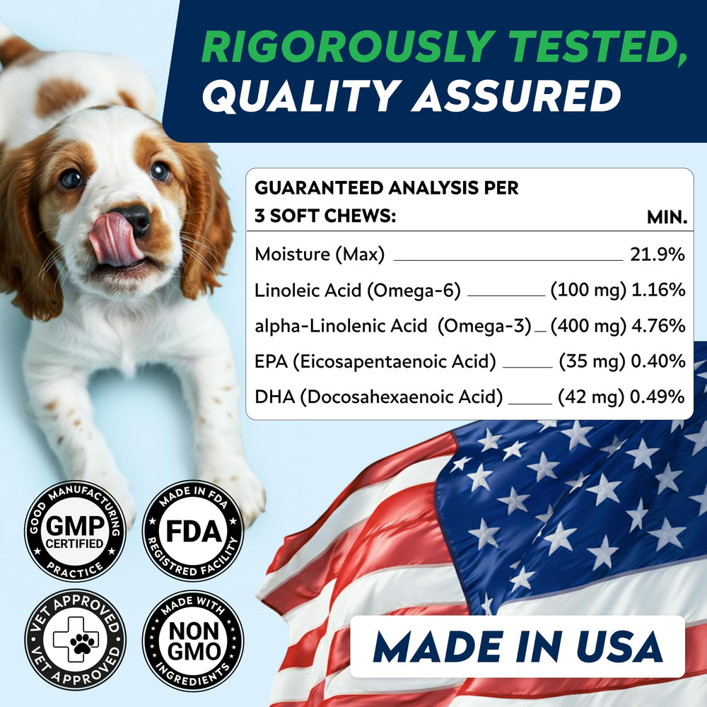 STRELLALAB Omega 3 dog chews ingredients panel highlights salmon oil and nutrients.