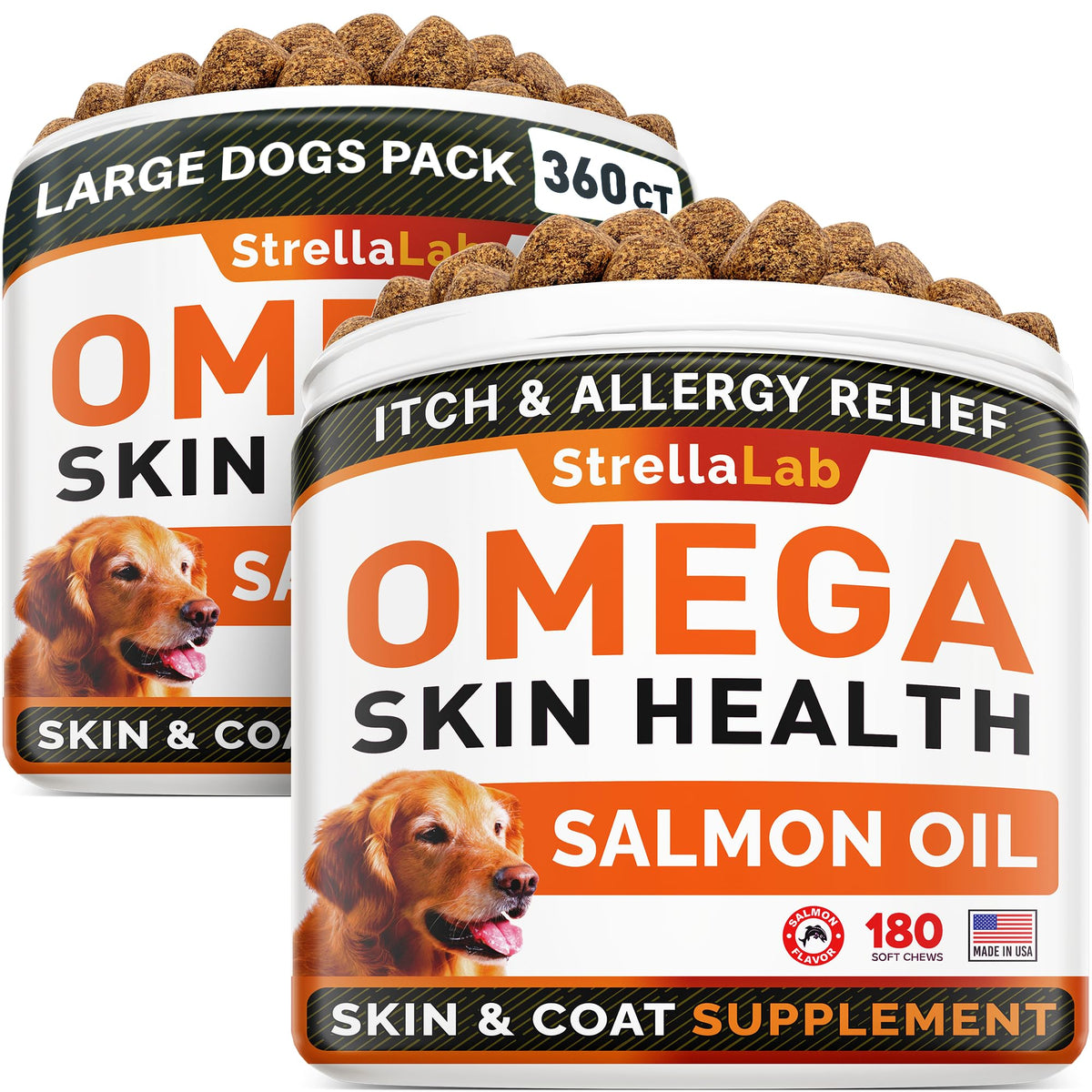 STRELLALAB Omega 3 for Dogs bottle demonstrates salmon oil for skin and coat support.