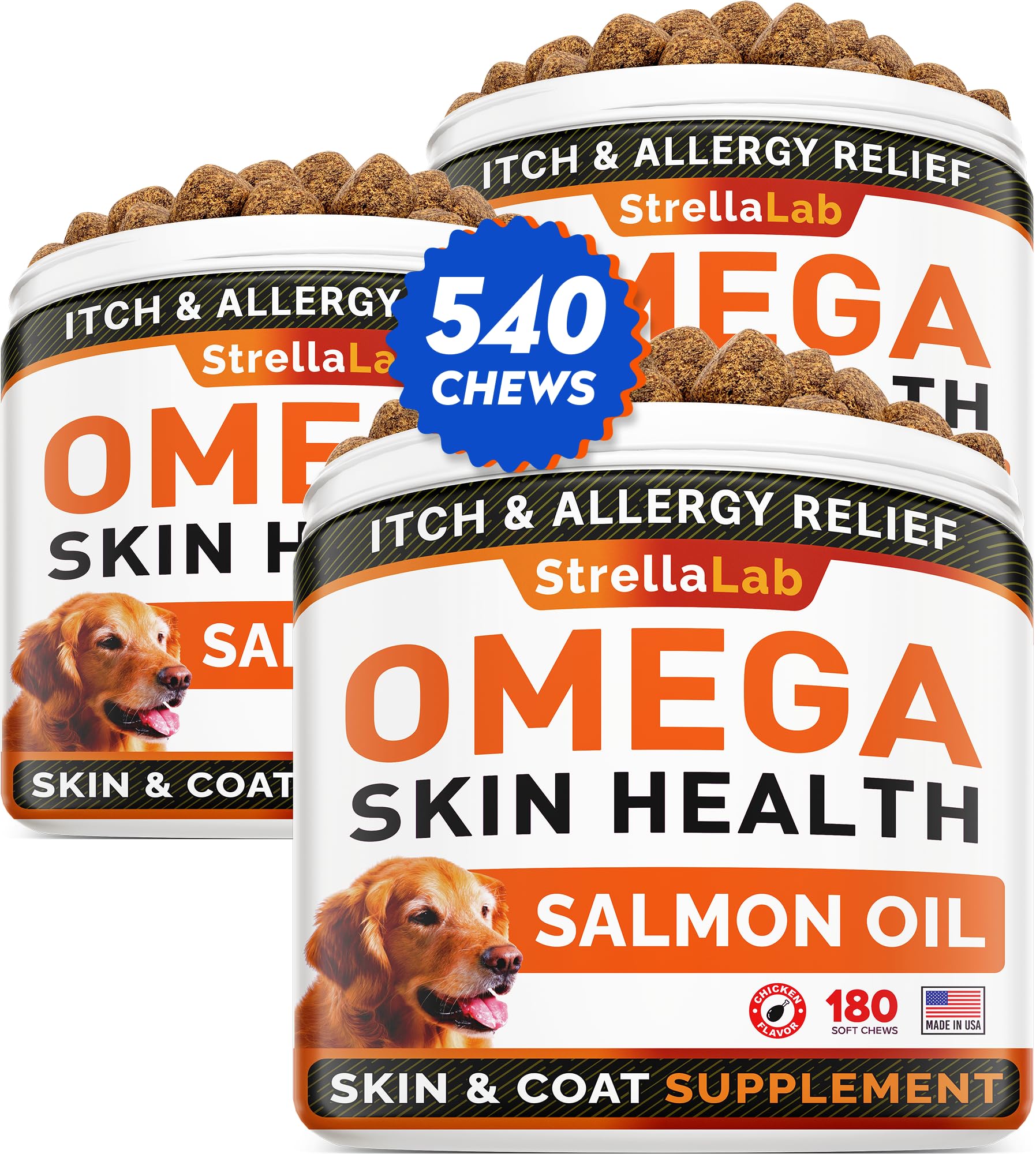 STRELLALAB Omega 3 for Dogs chews in jar-front for convenient daily skin support