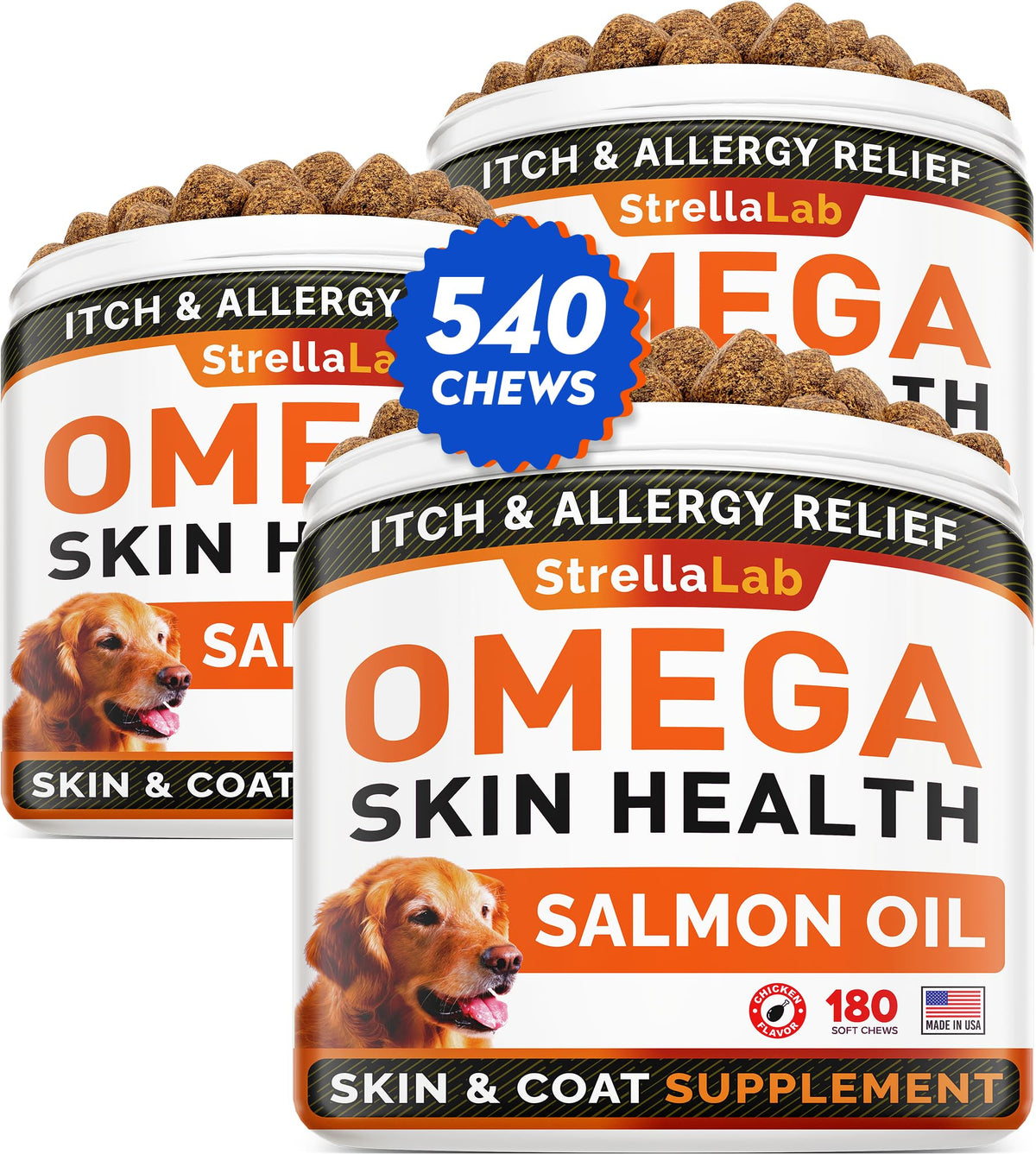 STRELLALAB Omega 3 for Dogs chews in jar-front for convenient daily skin support