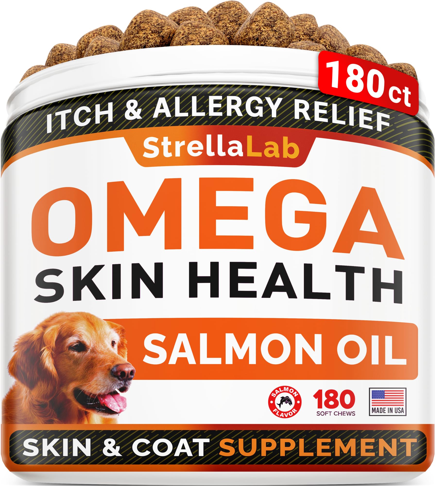 STRELLALAB Omega-3 for dogs jar closeup highlighting salmon oil for skin and coat support