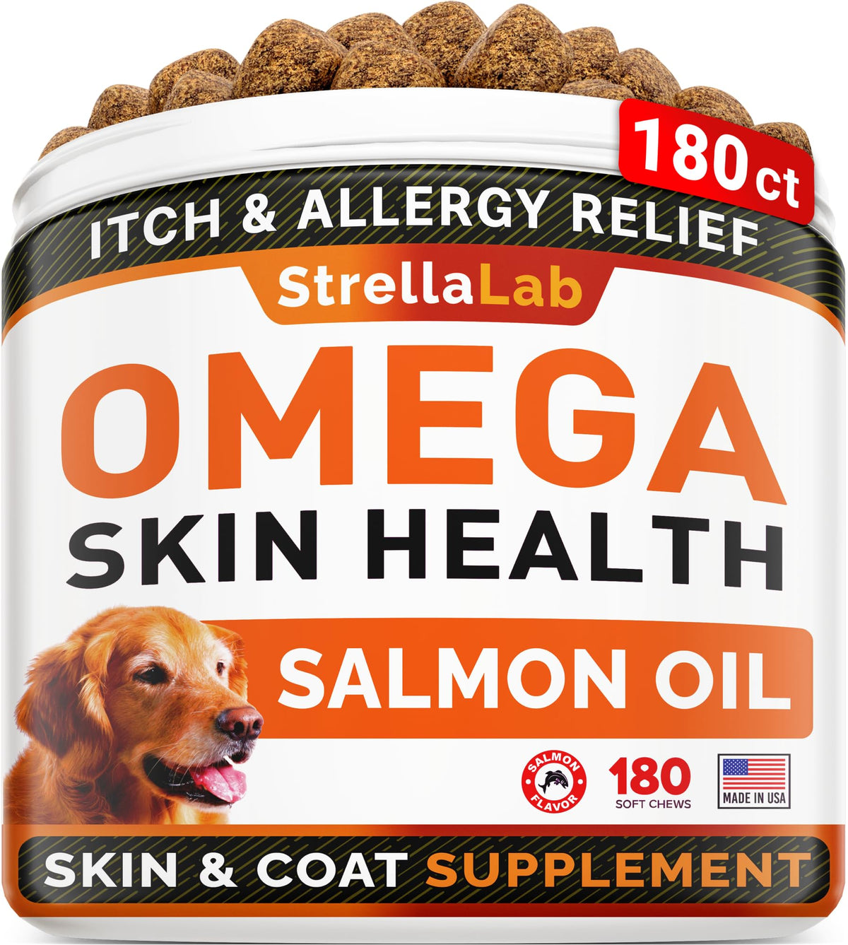 STRELLALAB Omega-3 for dogs jar closeup highlighting salmon oil for skin and coat support