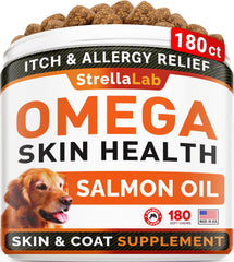 STRELLALAB Omega-3 for dogs jar closeup highlighting salmon oil for skin and coat support