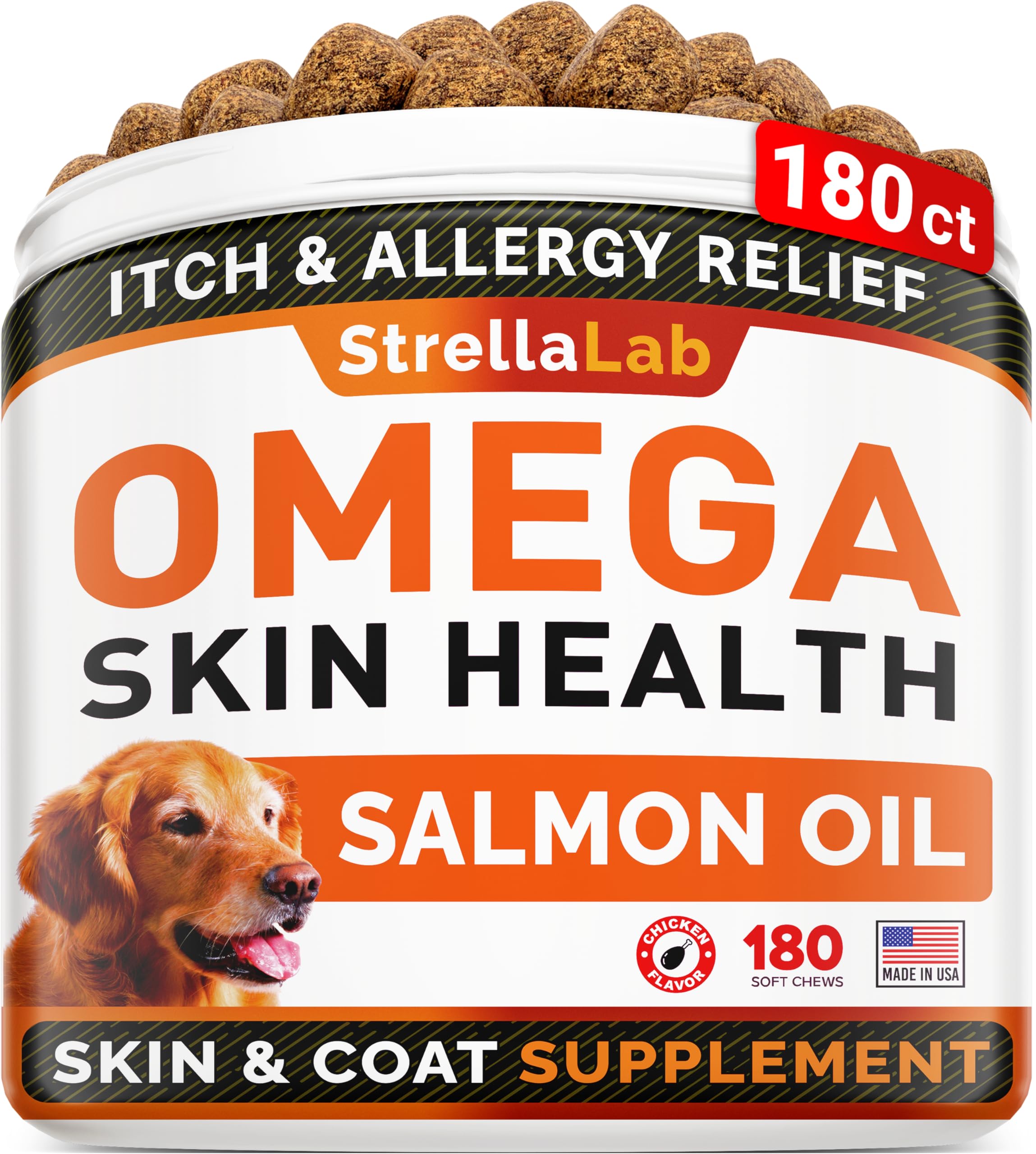 STRELLALAB Omega-3 for Dogs jar closeup showing skin-supporting chews.