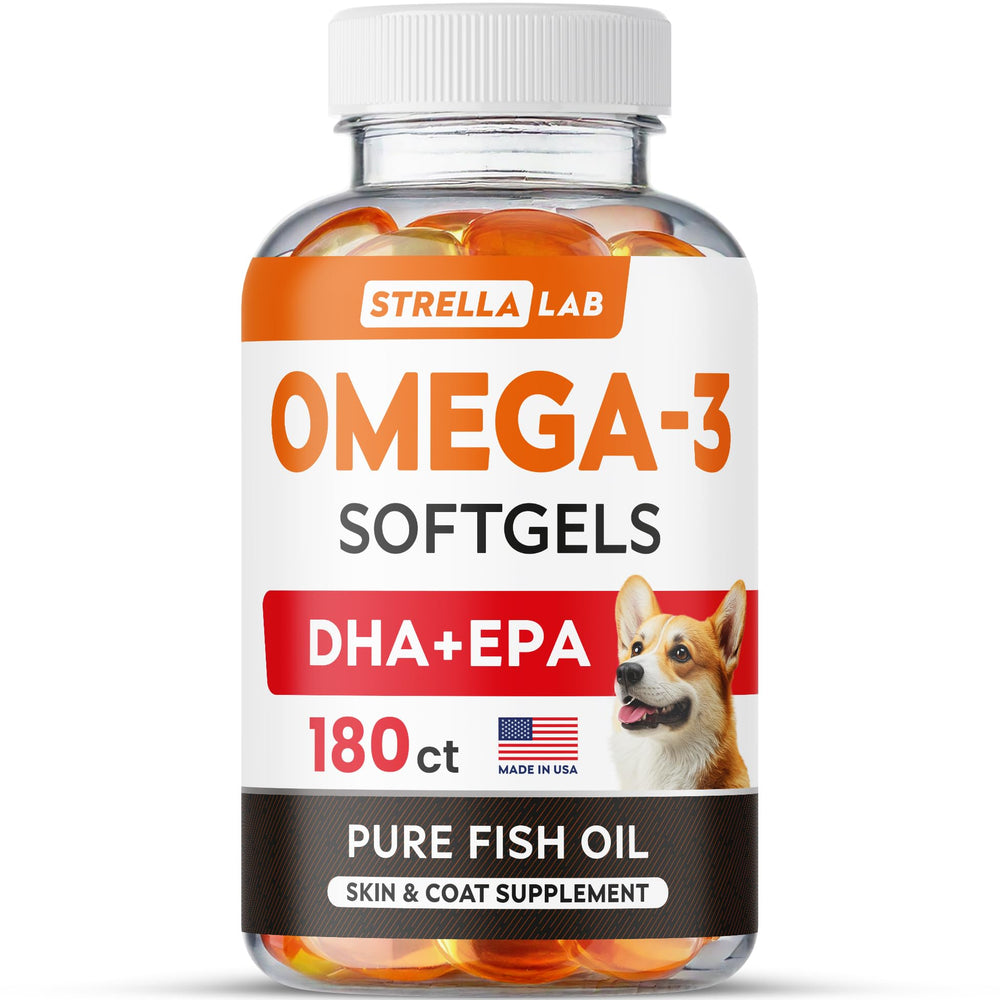 STRELLALAB Omega 3 dog softgels jar for convenient daily joint and coat support.