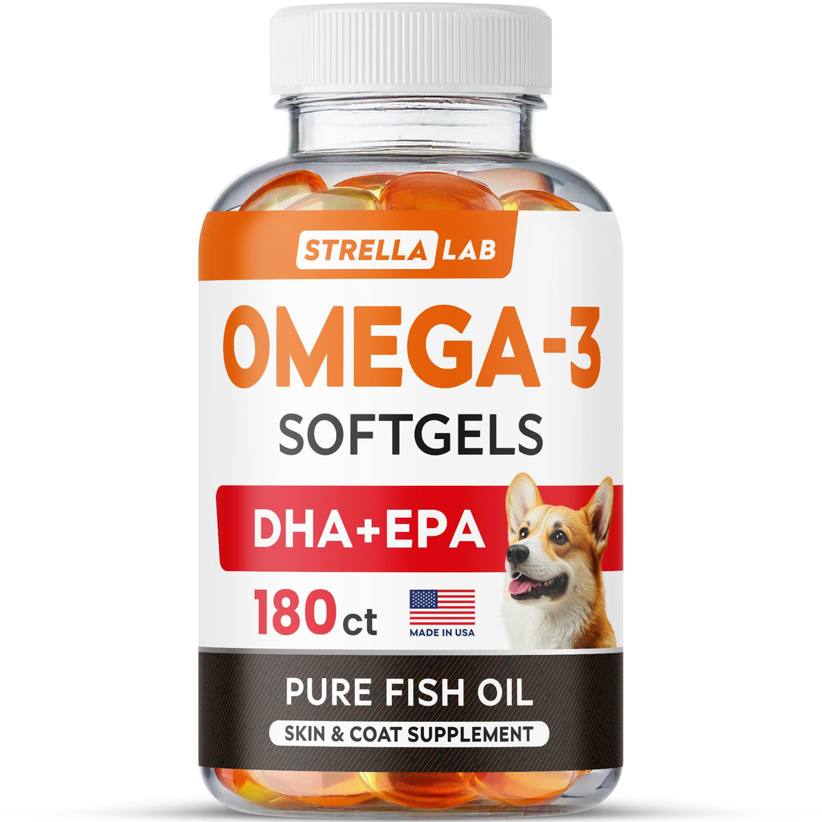 STRELLALAB Omega 3 dog softgels jar for convenient daily joint and coat support.