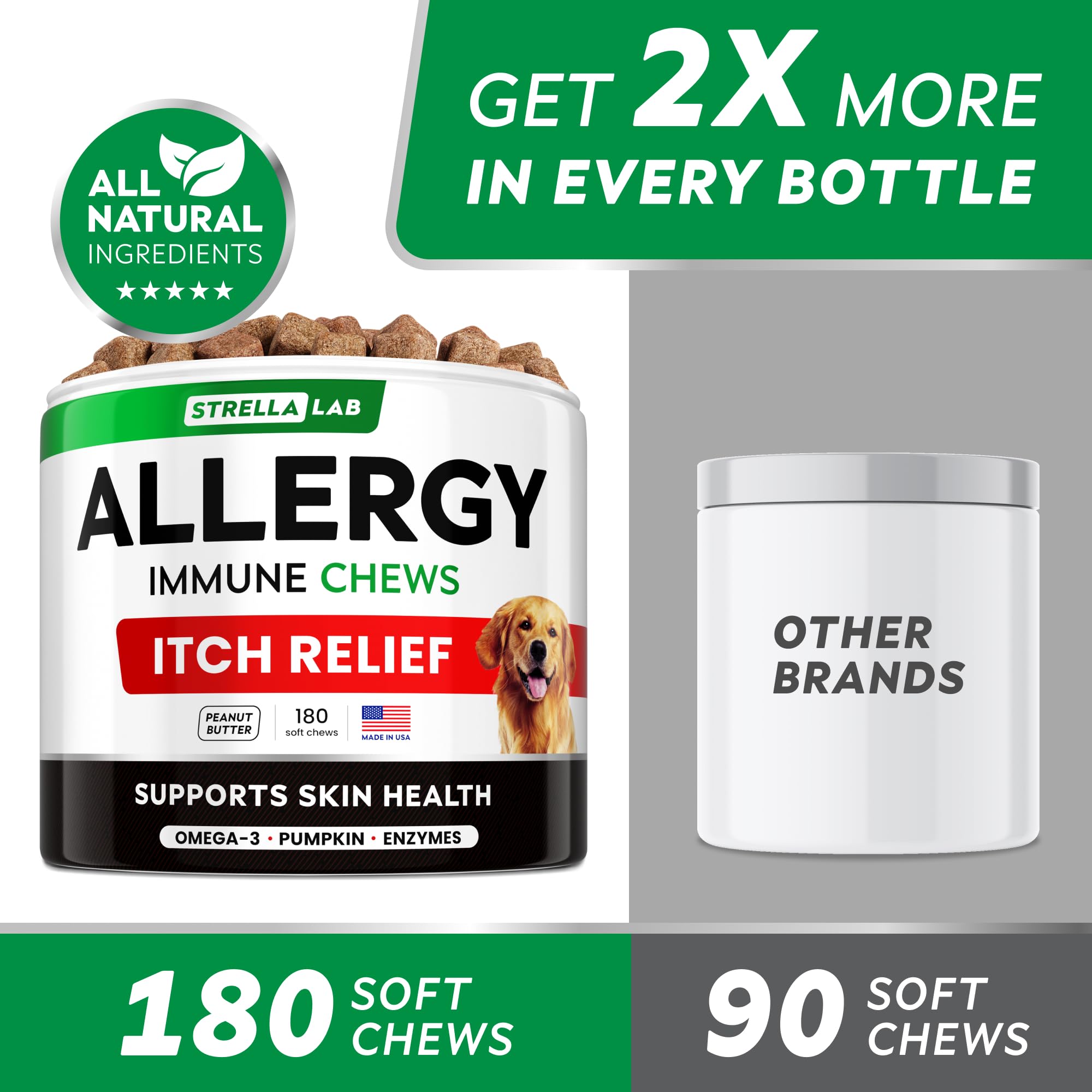 STRELLALAB omega-3 fish oil chews emphasize coat health and overall wellness.