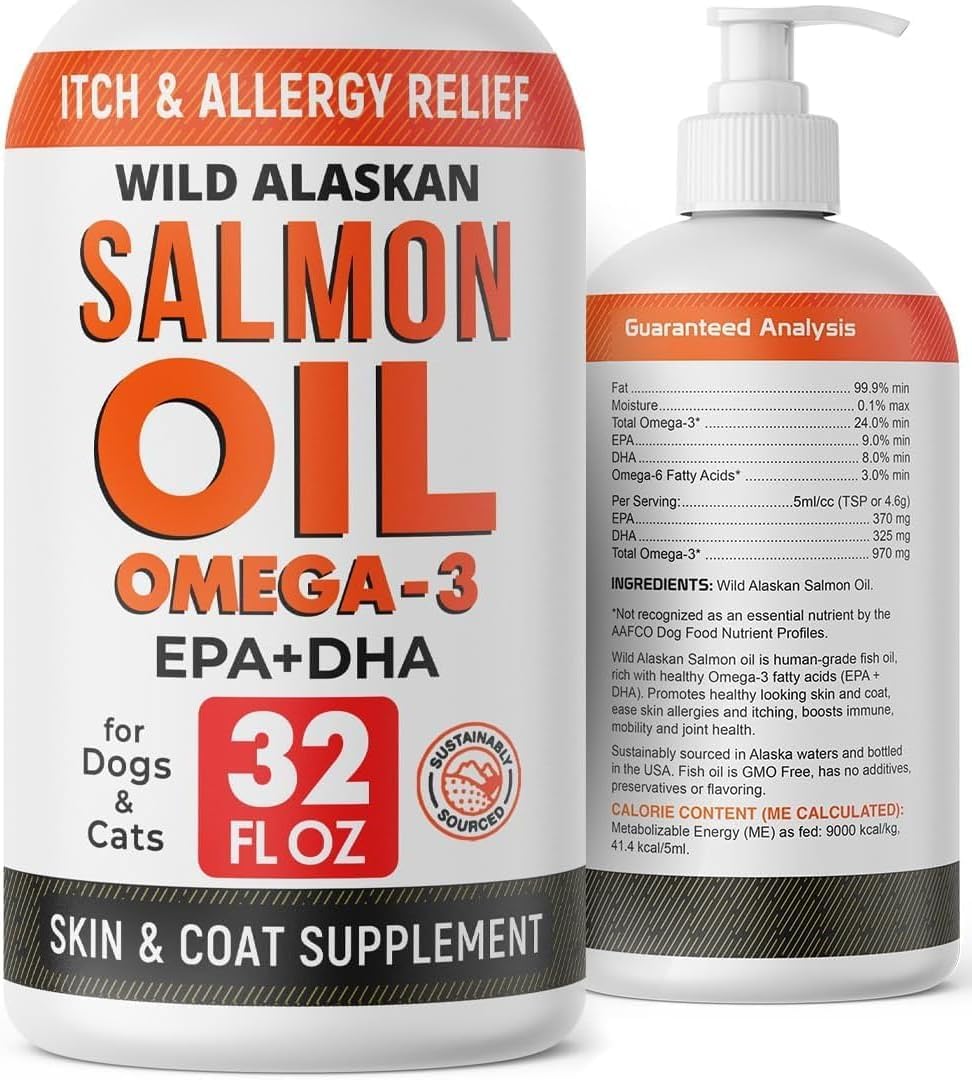STRELLALAB Salmon Oil bottle shows wild Alaskan source supporting coat health.