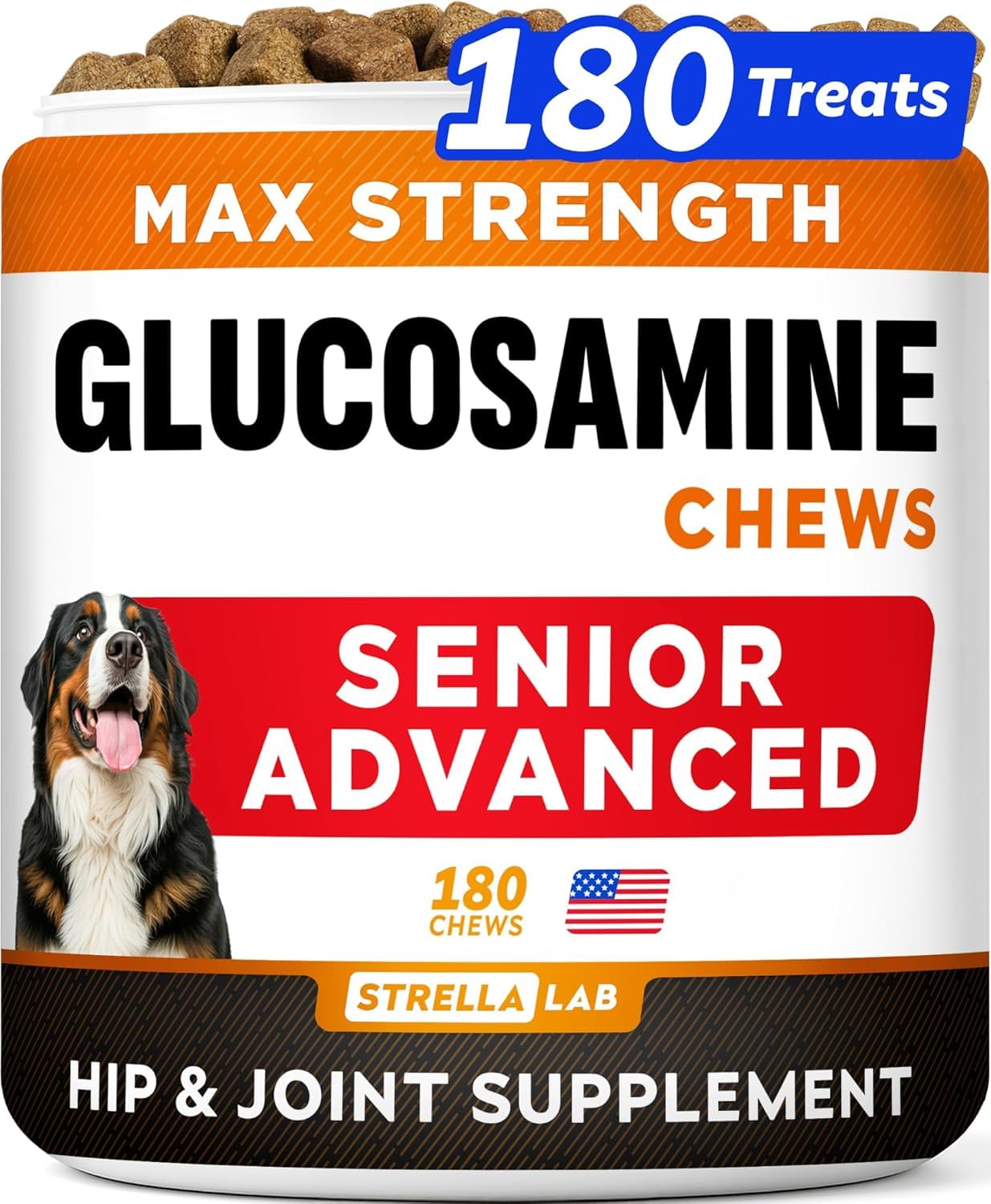 STRELLALAB senior dog joint supplement bottle shows bacon flavor for easy daily dosing.