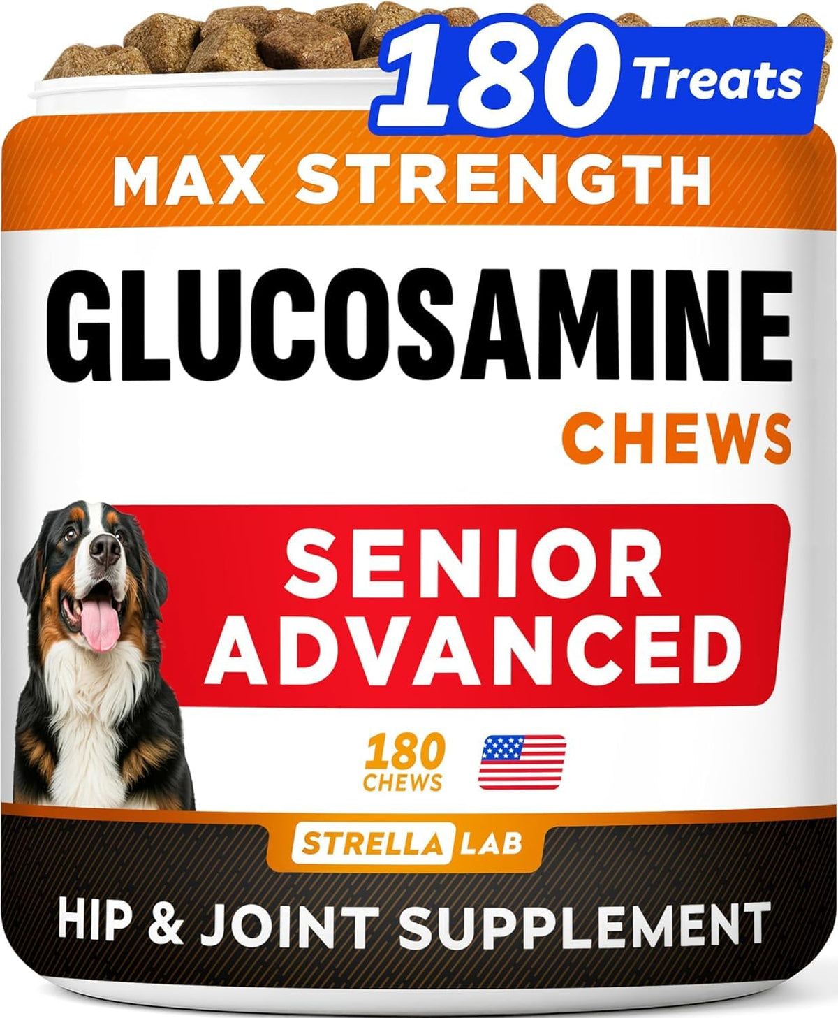 STRELLALAB senior dog joint supplement bottle shows bacon flavor for easy daily dosing.
