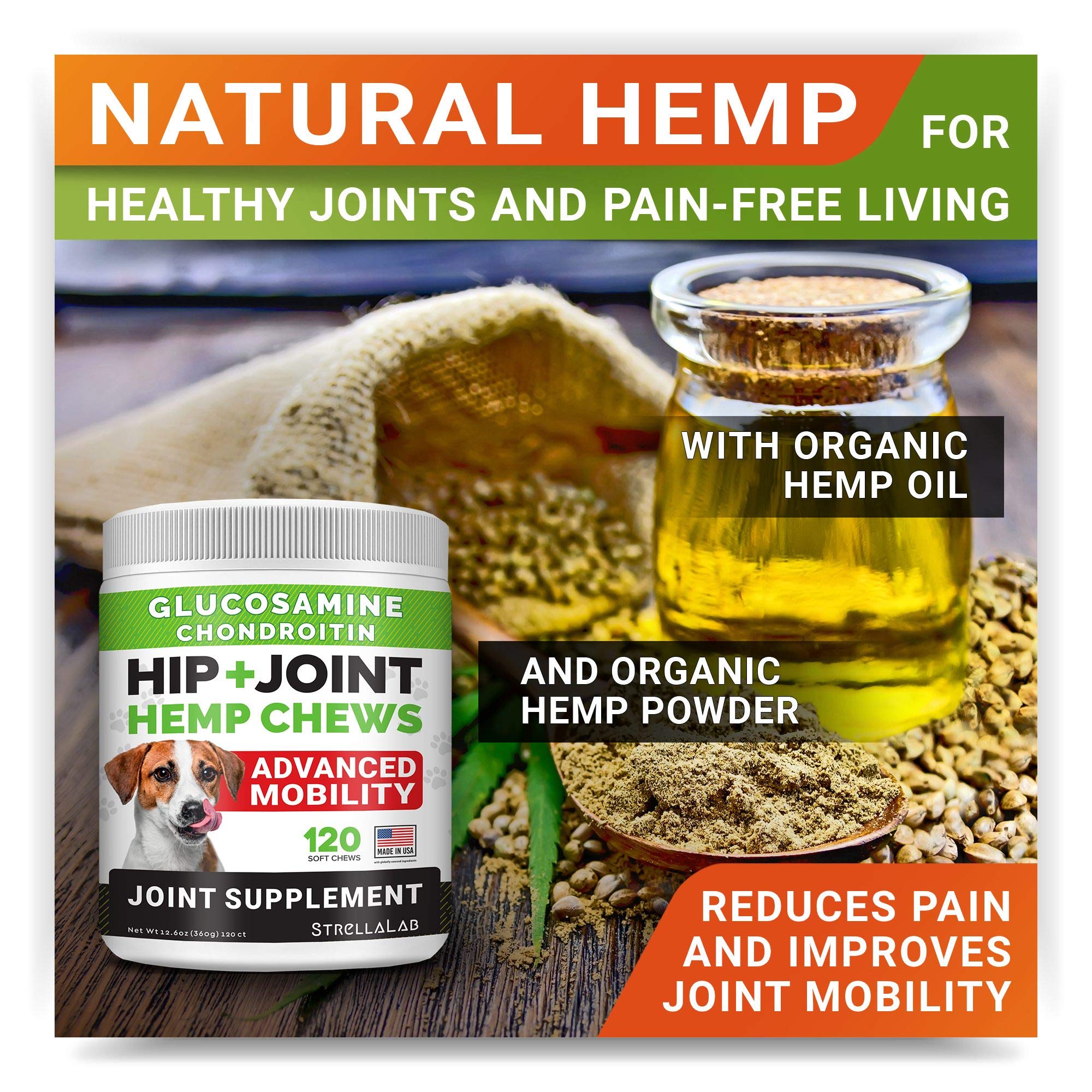 STRELLALAB vet-approved-style joint formula on container symbolizing trusted care.