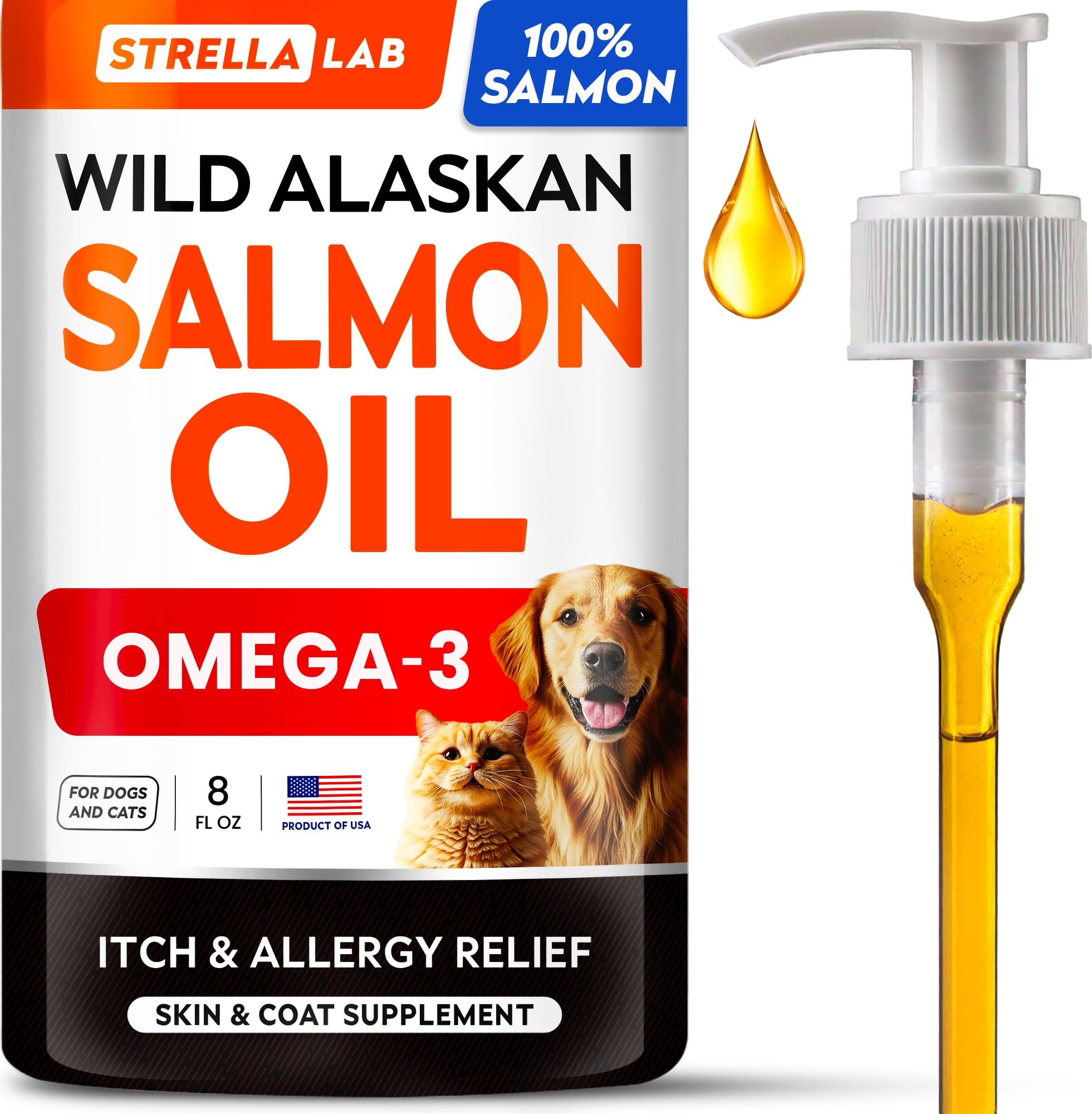 STRELLALAB Wild Alaskan Salmon Oil bottle highlights omega-3 for coat health