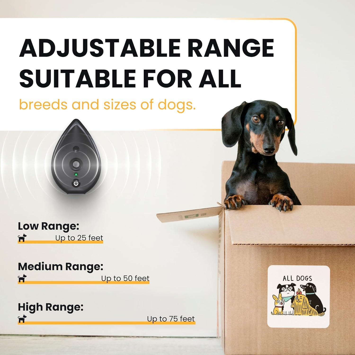 STÙNICK ultrasonic bark control modes show adjustable range for flexible coverage.