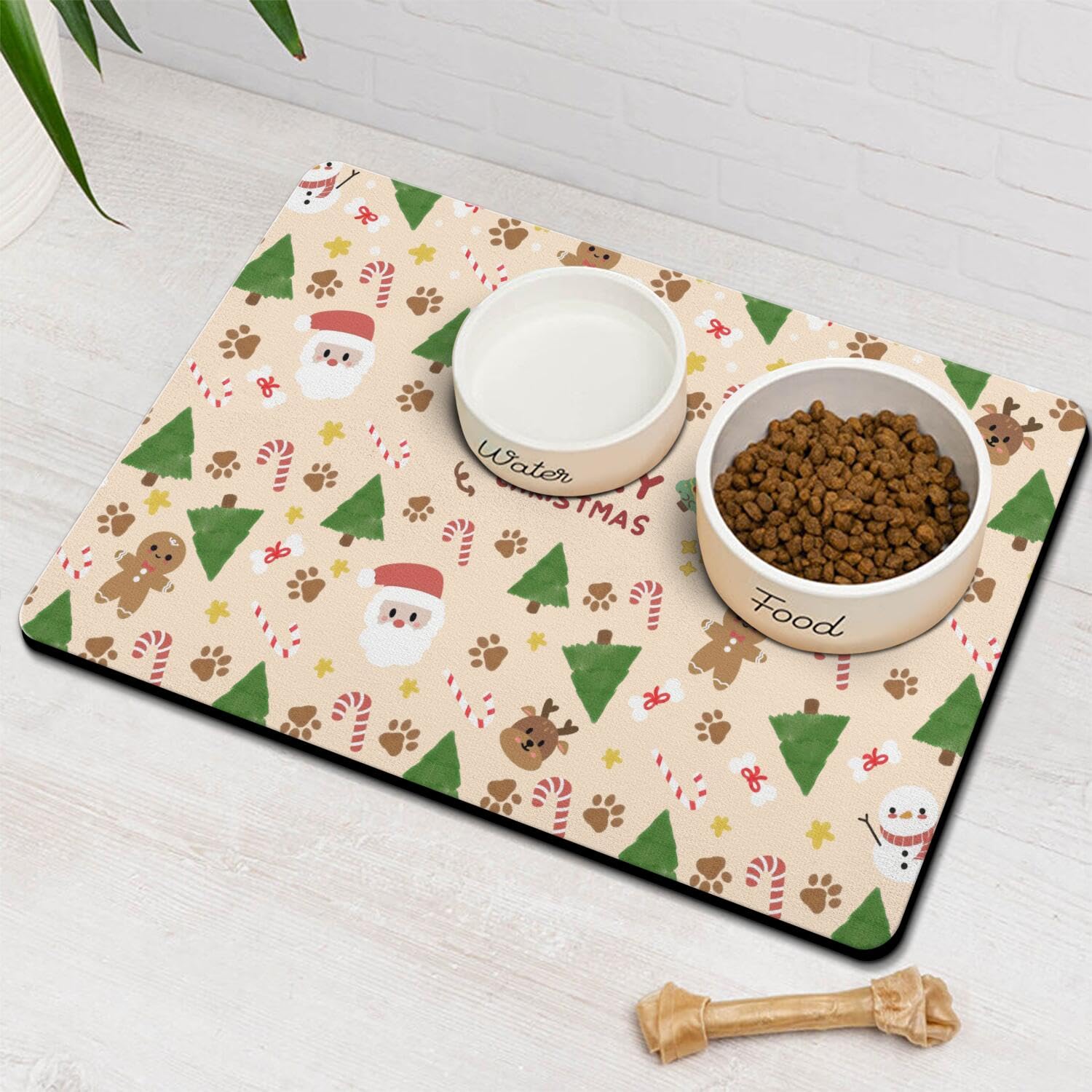 Stunnoosy Christmas mat with paw prints and Santa design keeps floors clean during meals.