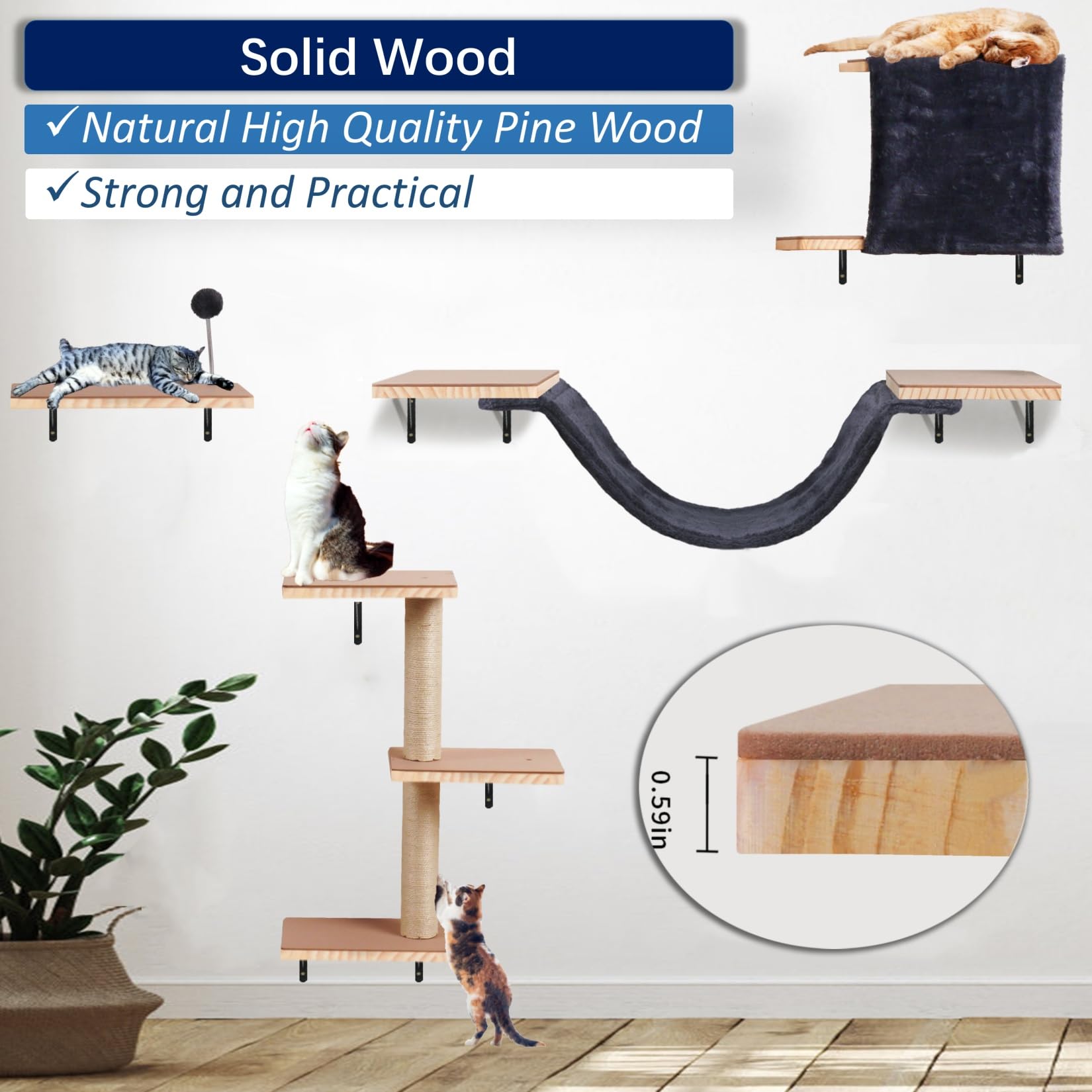 Sublimei cat wall shelves dark wood hammock for lounging mid-height.