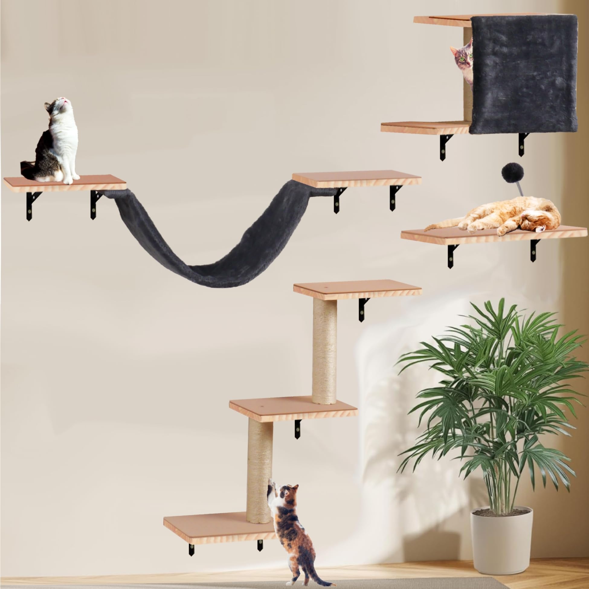 Sublimei cat wall shelves in dark wood with private cat house for cozy nap times.