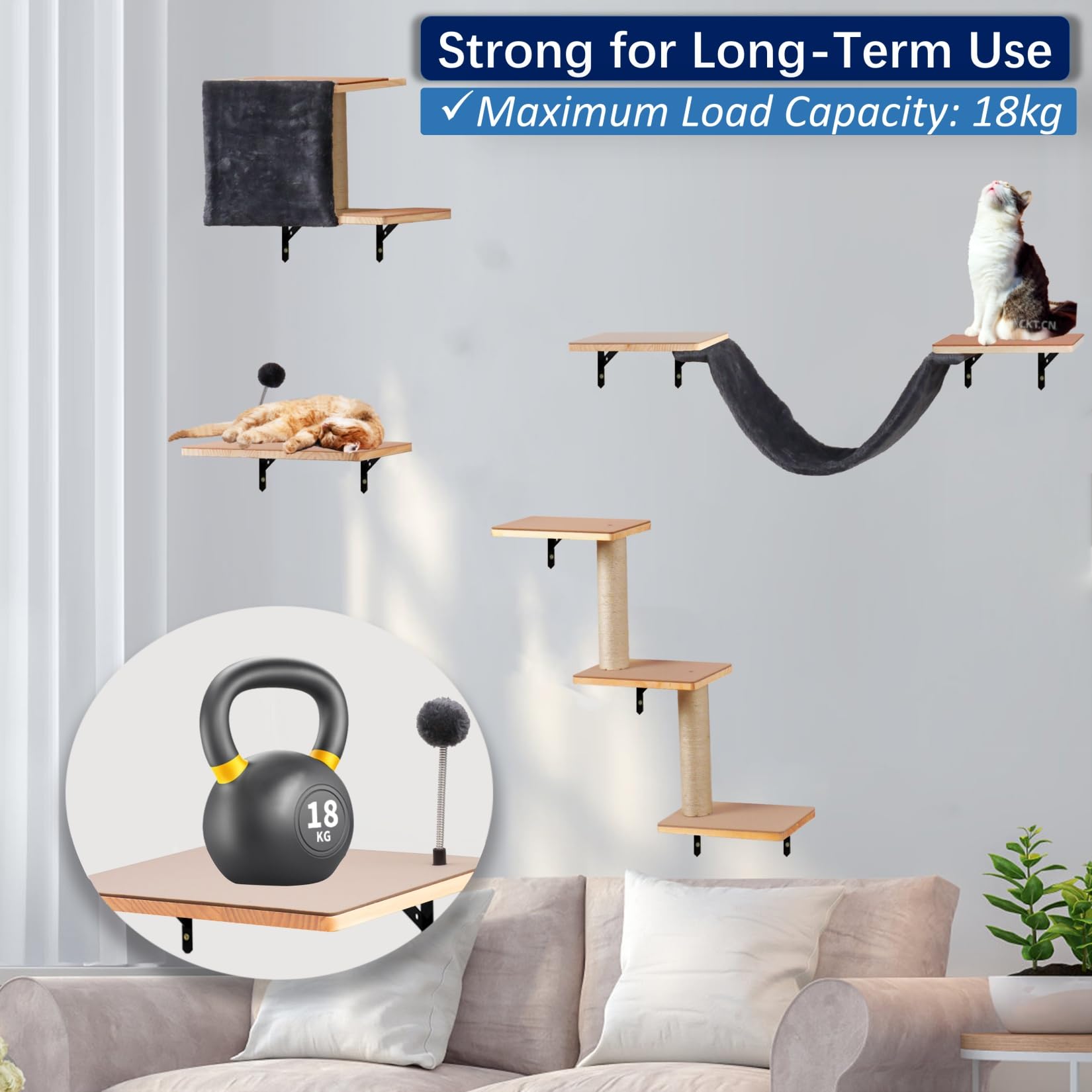 Sublimei cat wall shelves dark wood sisal post for claw exercise.